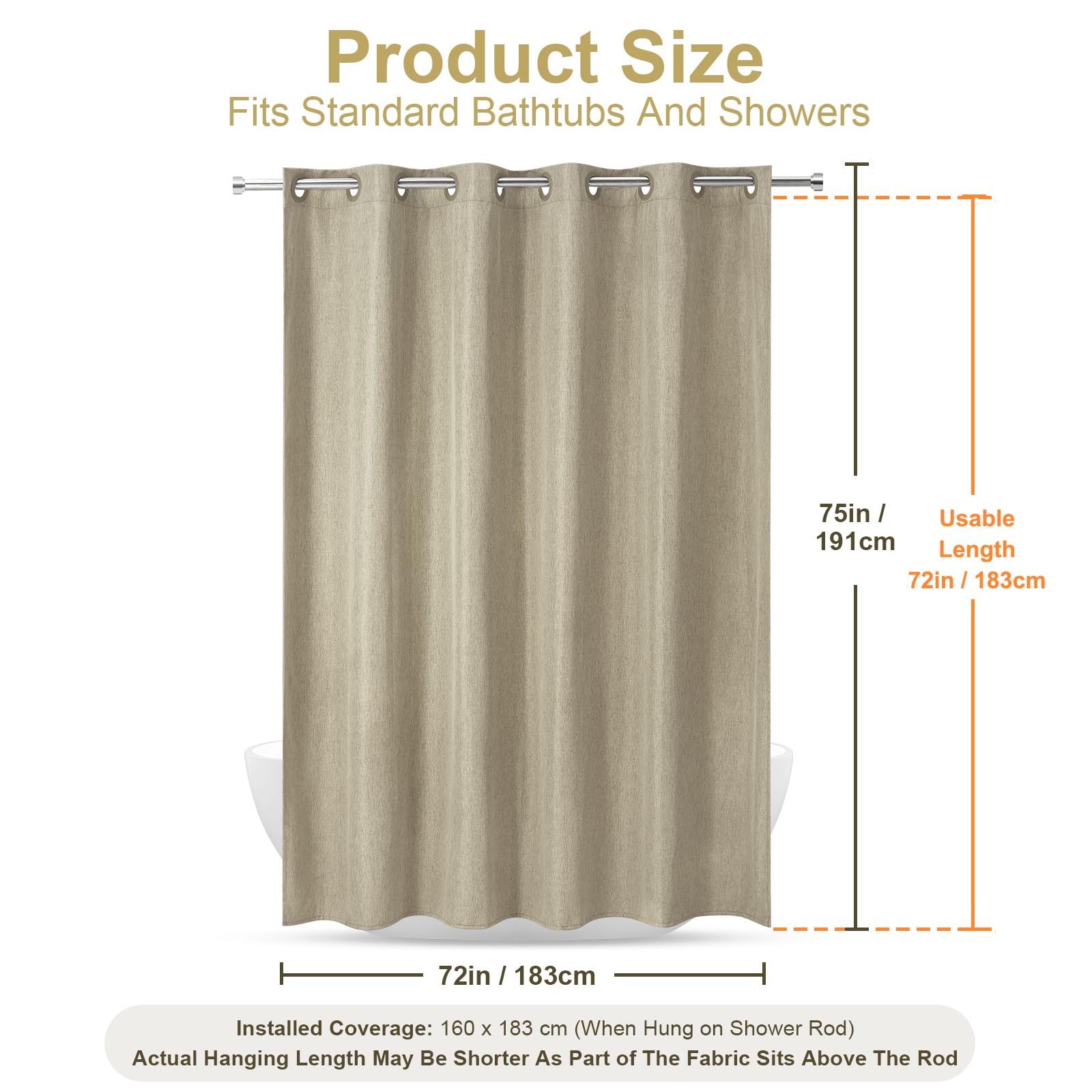 Tenda da Doccia in Texture Lino con Rivestimento Impermeabile, Occhielli Larghi, 230GSM Tenda da Bagno Tessuto Resistente Pesante, Orlo Pesarato, Lavabile, Installazione Facile, 183x191cm, Tortora