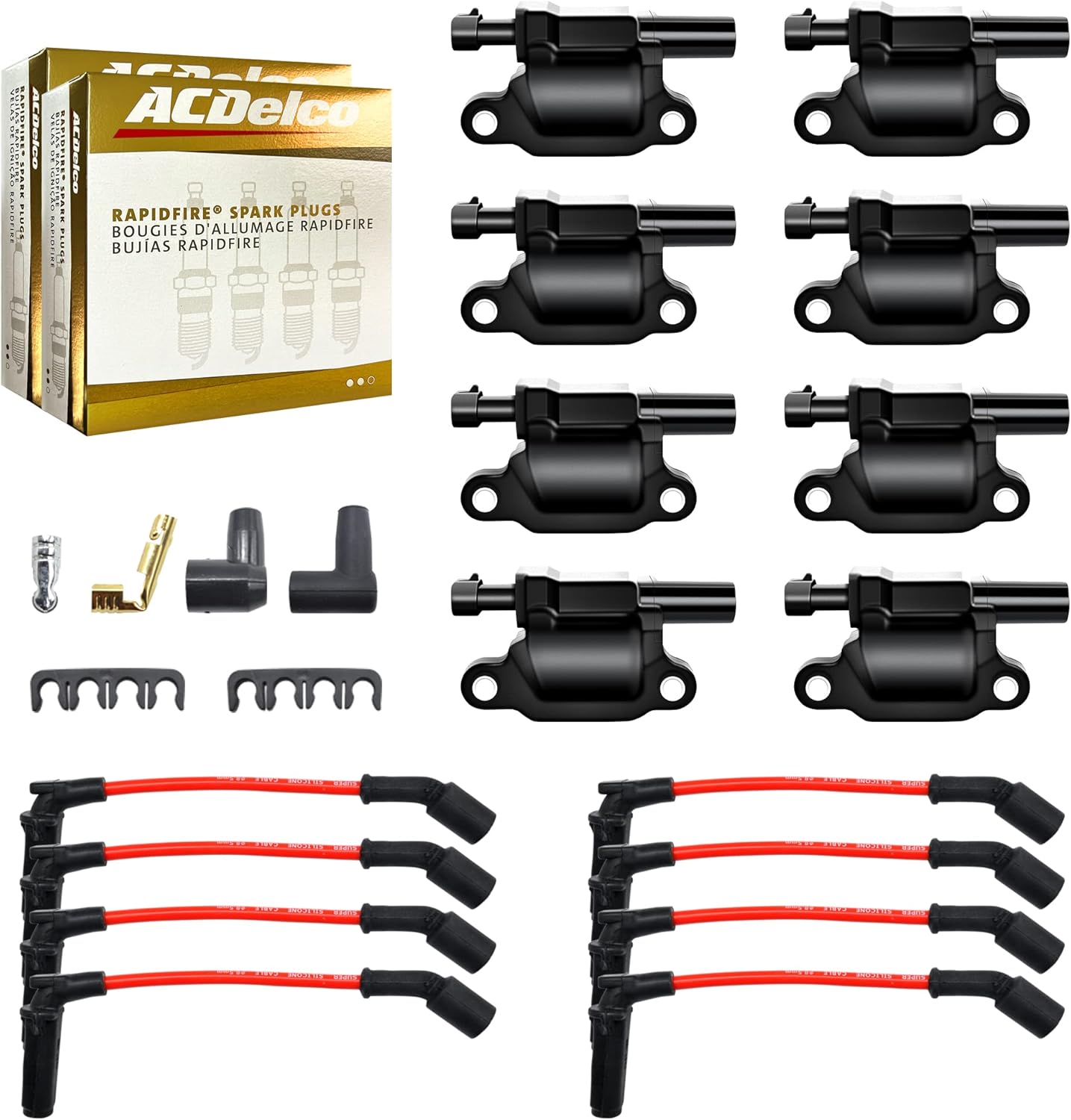 MAS Set of 8 Ignition Coils Pack & Platinum Spark Plugs & Wires Compatible with Chevy GMC Cadillac Camaro Corvette Express Avalanche Silverado V8 Replacement for UF413 12611424 12570616