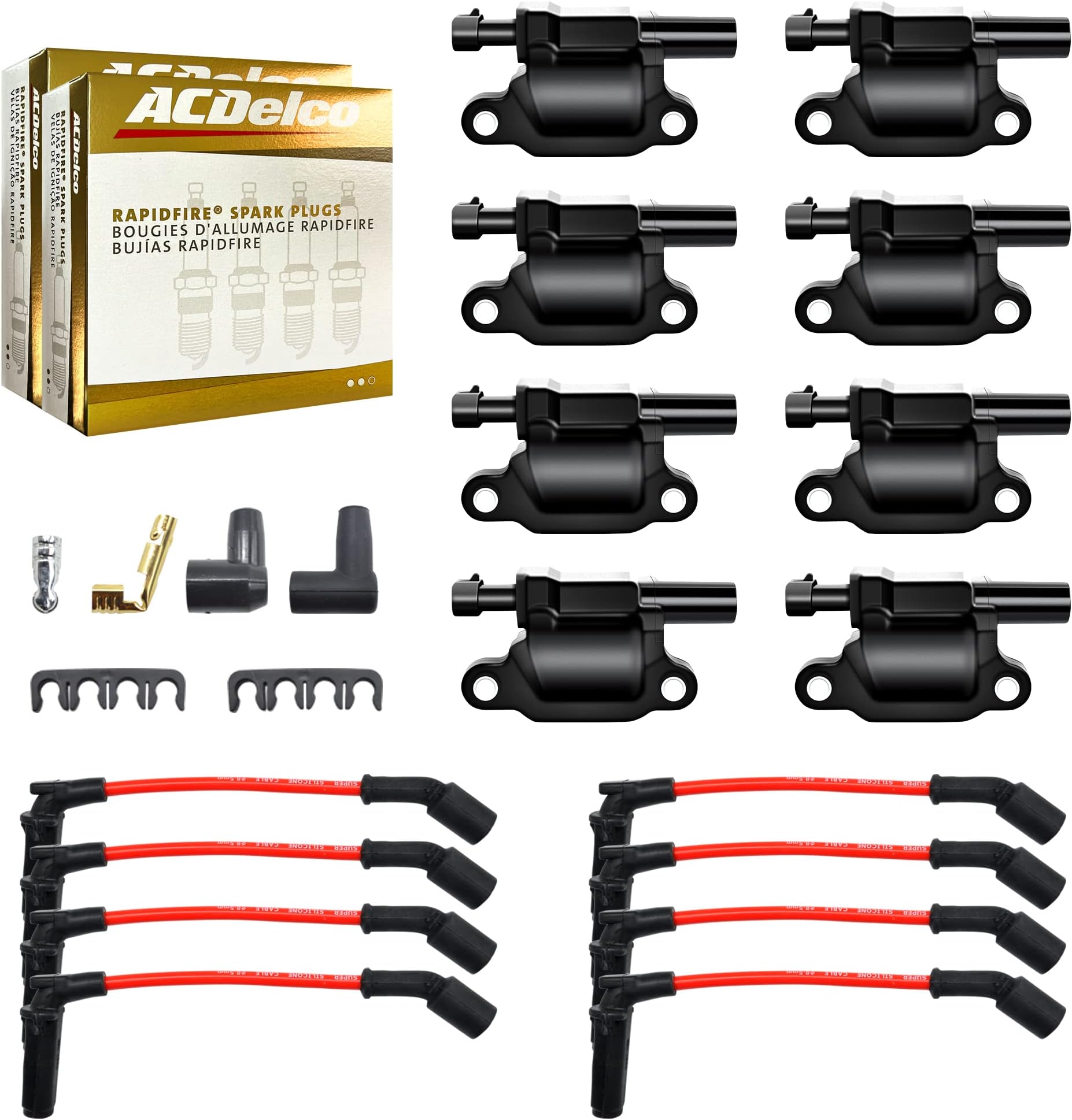 Set of 8 Ignition Coils Pack & Platinum Spark Plugs & Wires Compatible with Chevy GMC Cadillac Camaro Corvette Express Avalanche Silverado V8 Replacement for UF413 12611424 12570616