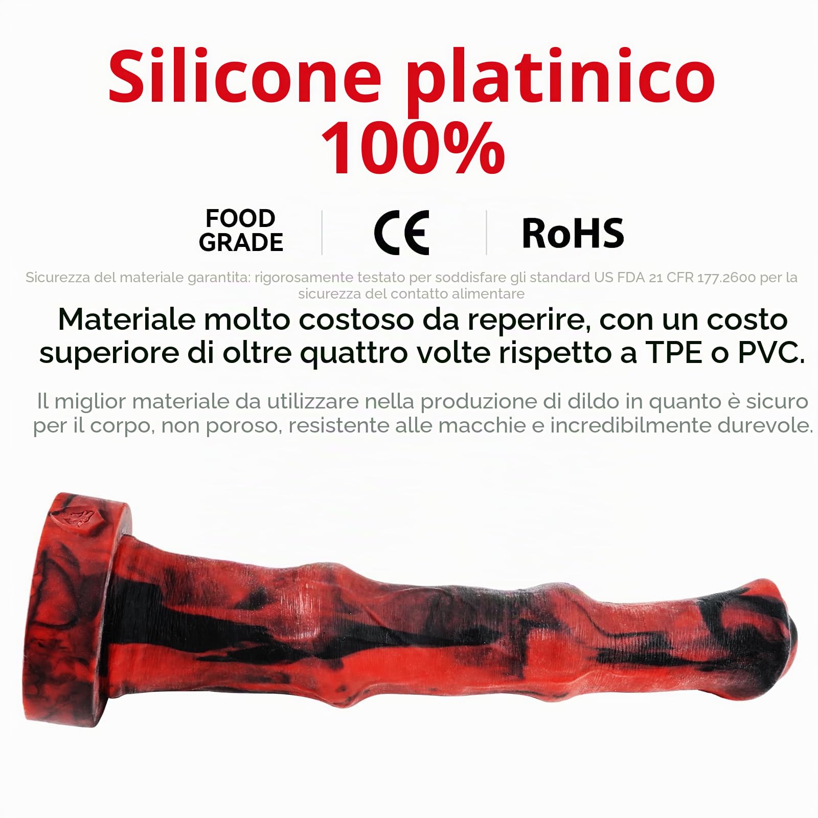 Pene anale gigante in silicone platinico per uso alimentare, modello stallone italiano, lungo 50 cm - Materiale conforme agli standard FDA - extra lunga - Dildo anale Vac-U-Lock (Rosso&Nero, X Large)