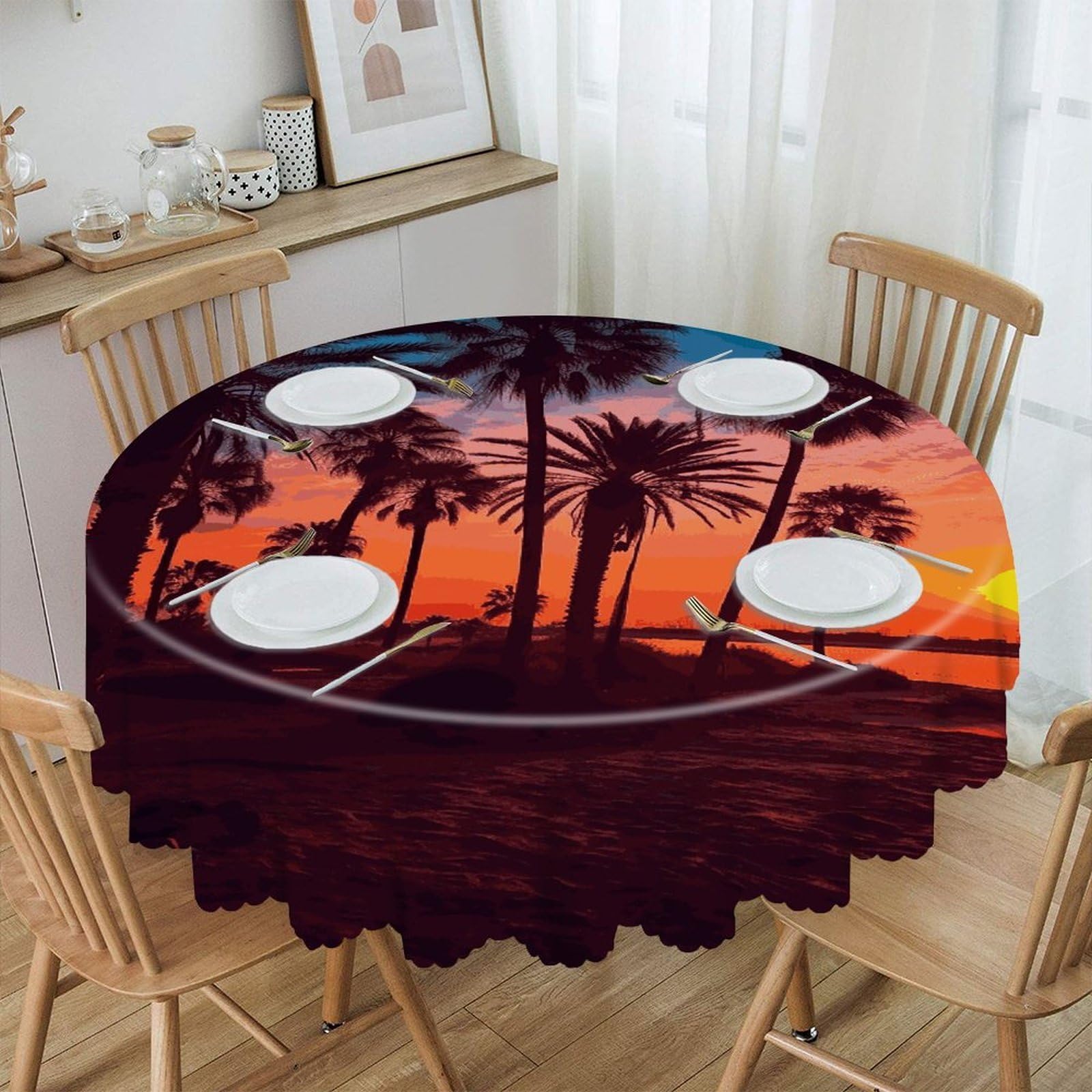 FekiLoot Palm Tree Sunset Round Tablecloths 60 Inch Resistant Washable Polyester Table Cloth Style Decorative Circle Fabric Table Cover for Dining Kitchen Party Farmhouse Outdoor