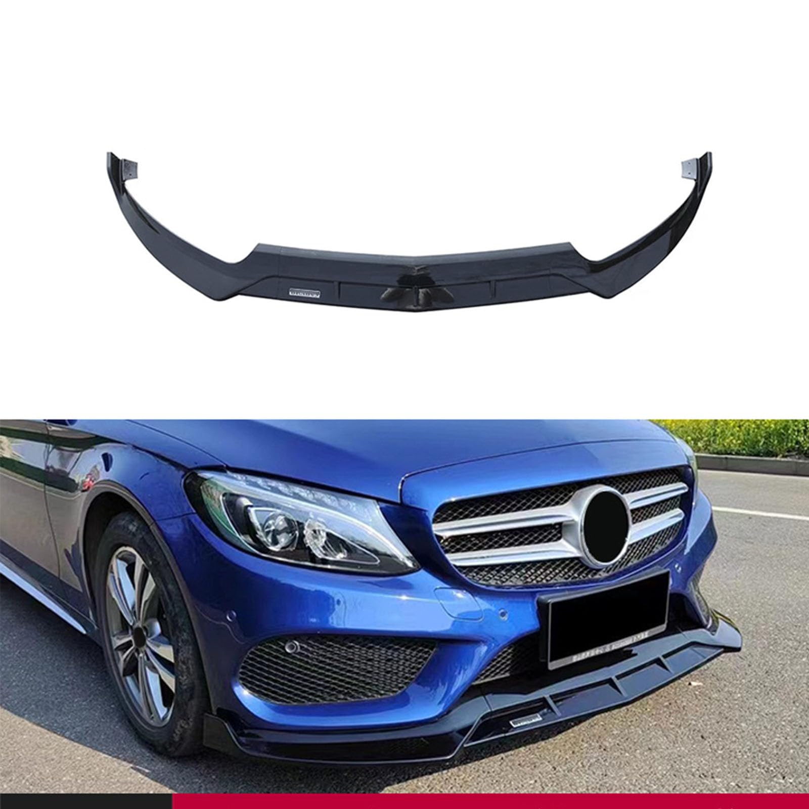 Compatible with Benz C-Class W205 Early 2015-2018, Car Front Bumper Spoiler Lip, Shark Fin Diffuser, Lower Protection Cover,A Glossy Black