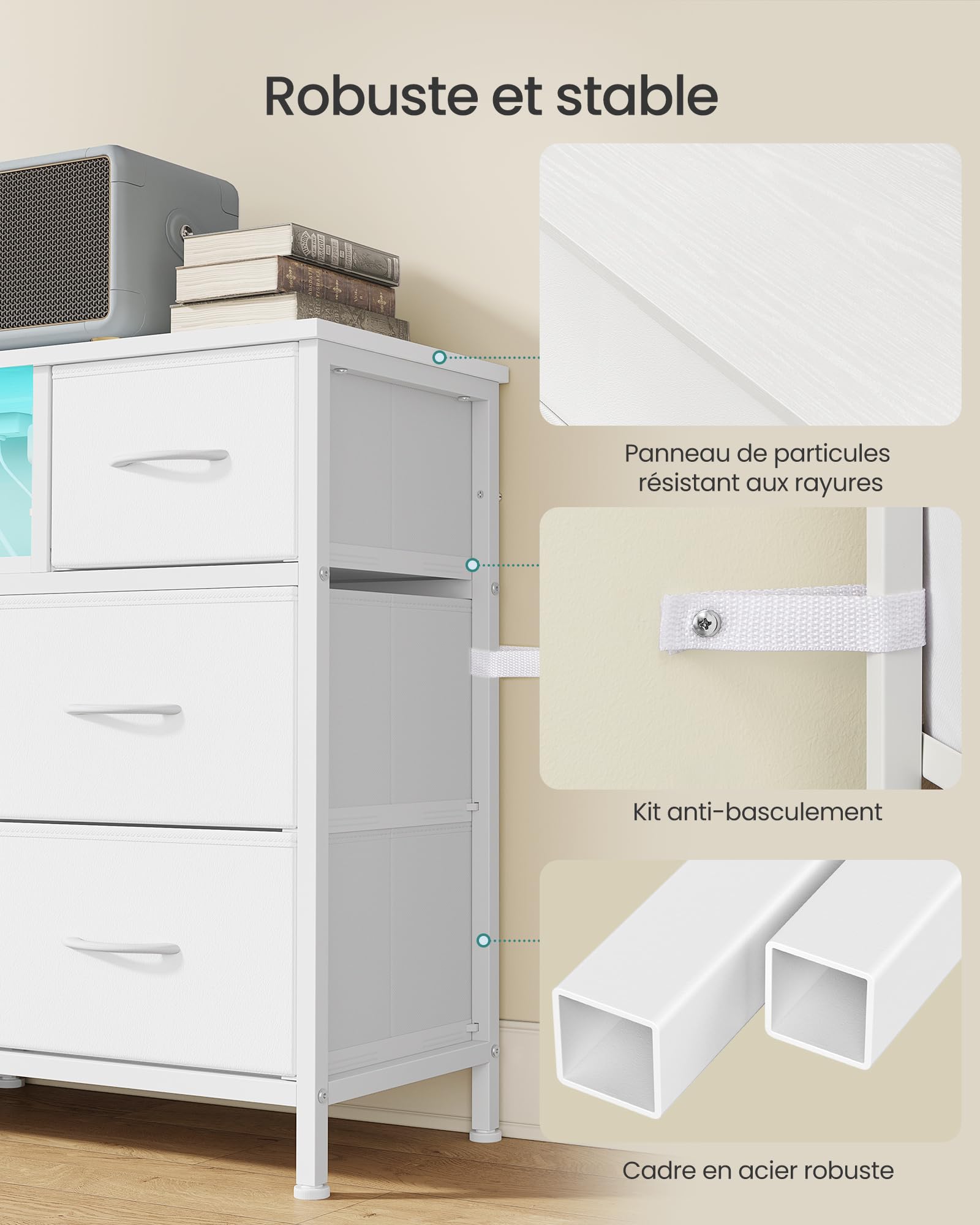 SONGMICS Commode, Meuble de Rangement avec LED et Prises, 8 Tiroirs en Tissu, Étagère Ouverte, 113,8 x 30 x 68,1 cm, pour Chambre, Salon, Blanc Nuage, Collection BELLAH LGS433WH02