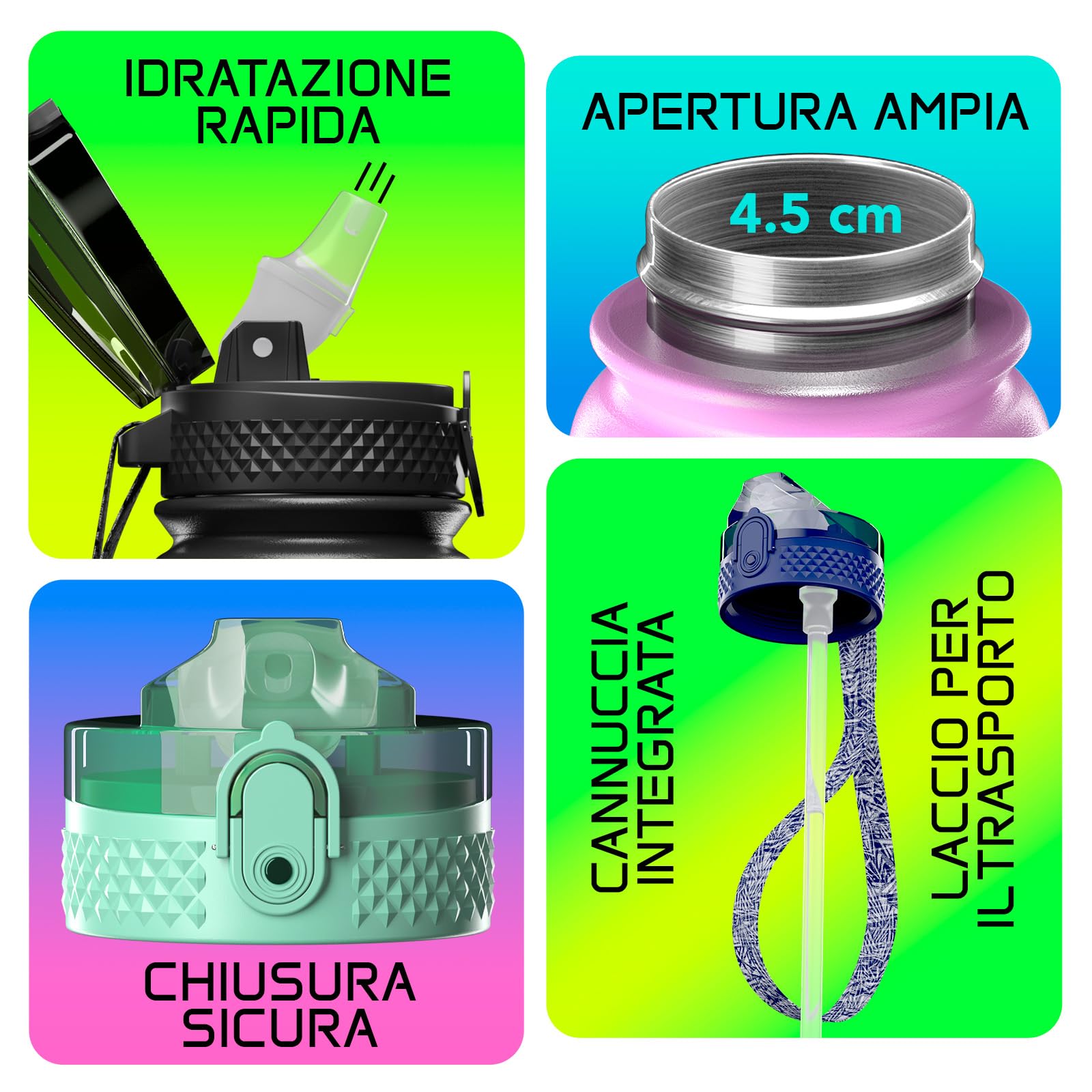Mont-Clair Borraccia in Acciaio Inossidabile con Cannuccia - 600ml - Borraccia in Metallo senza BPA - Bottiglie d'Acqua per Bici Campeggio Sport - Disegno Brevettato - Nero