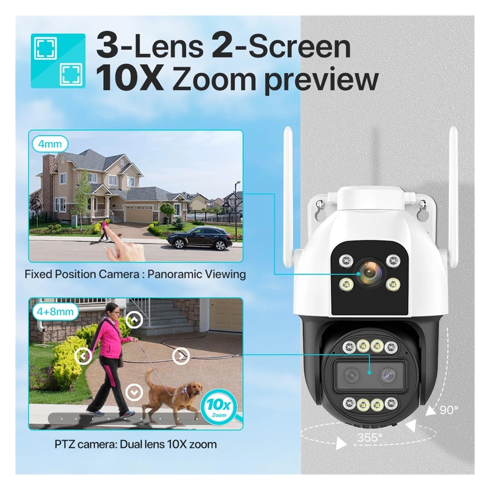 Telecamera di sicurezza, 4G IP Camera Esterna 4K HD 10X Zoom Tre Lenti Doppio Schermo Sim Card Telecamera PTZ Ai Tracking Video Sorveglianza CCTV Cam(2K WIFI NO Card)