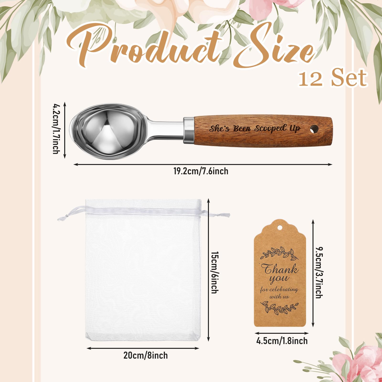 Hushee Juego de 12 cucharas de helado con mango de madera, cuchara de helado de metal con tarjetas, bolsas de organza para bodas, fiestas, decoración de despedida de soltera, regalos de pareja,