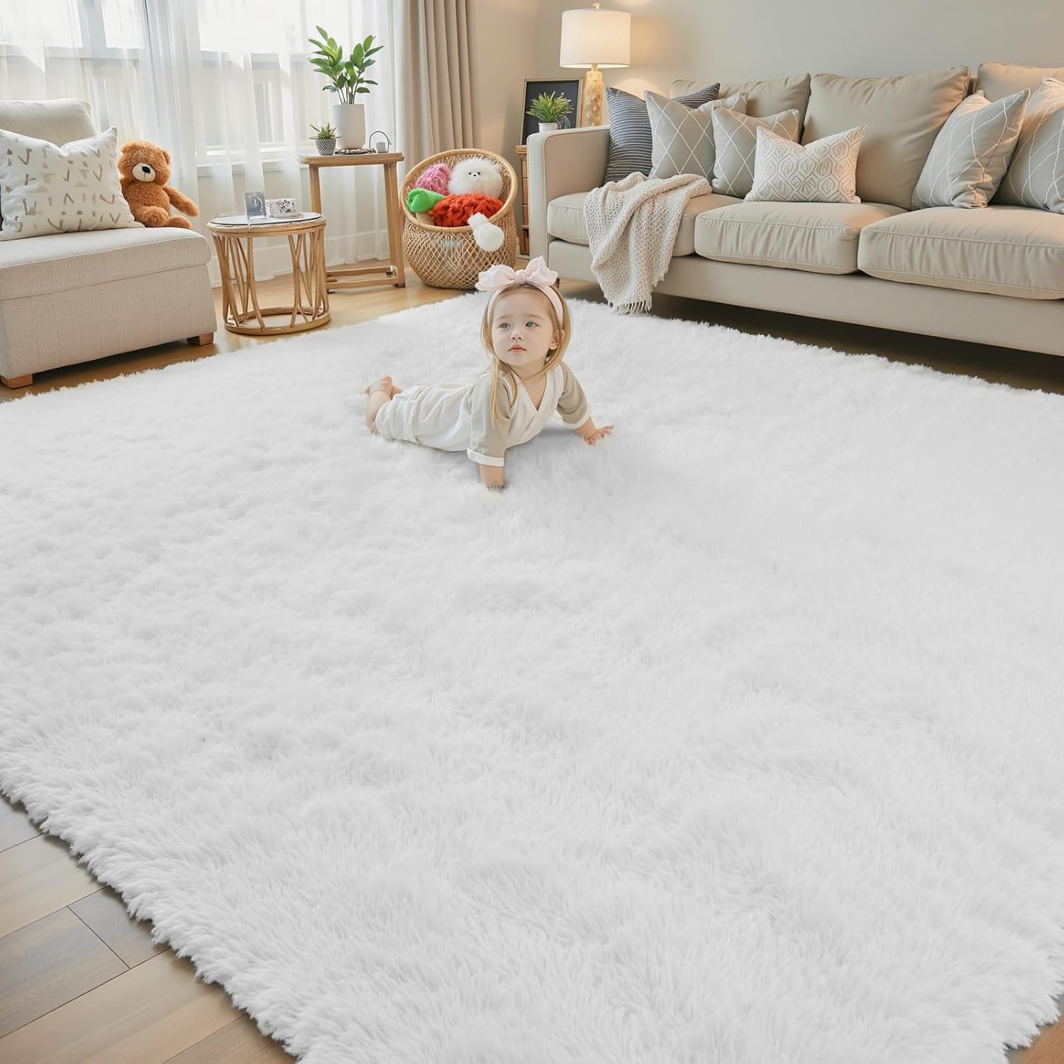 Rugs for Living Room 8x10, Alfombras para Salas Fluffy Shag Large Fuzzy Plush Soft Area Rug, Shaggy Carpets for Bedroom, Kids Boys Girls Home Decor Aesthetic(8 x 10, White) 8' x 10' (Rectangular) White