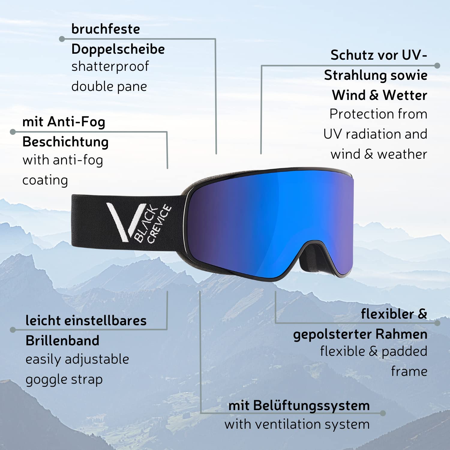 Black Crevice Skibrille Schladming I Ski-Brille in verschiedenen Farben I Skibrille Herren & Damen mit bruchfester Doppelscheibe I Anti-Fog-Beschichtung & UV 400 Schutz I größenverstellbar