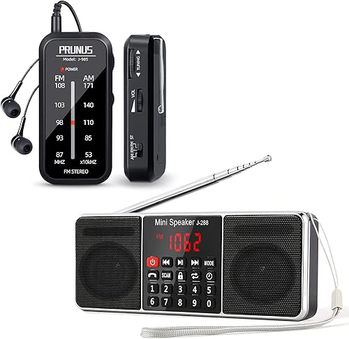PRUNUS J-288 Radio portátil AM FM Radio funciona con pilas con altavoz Bluetooth y radio de bolsillo, mini AM FM Radio estéreo portátil a batería,