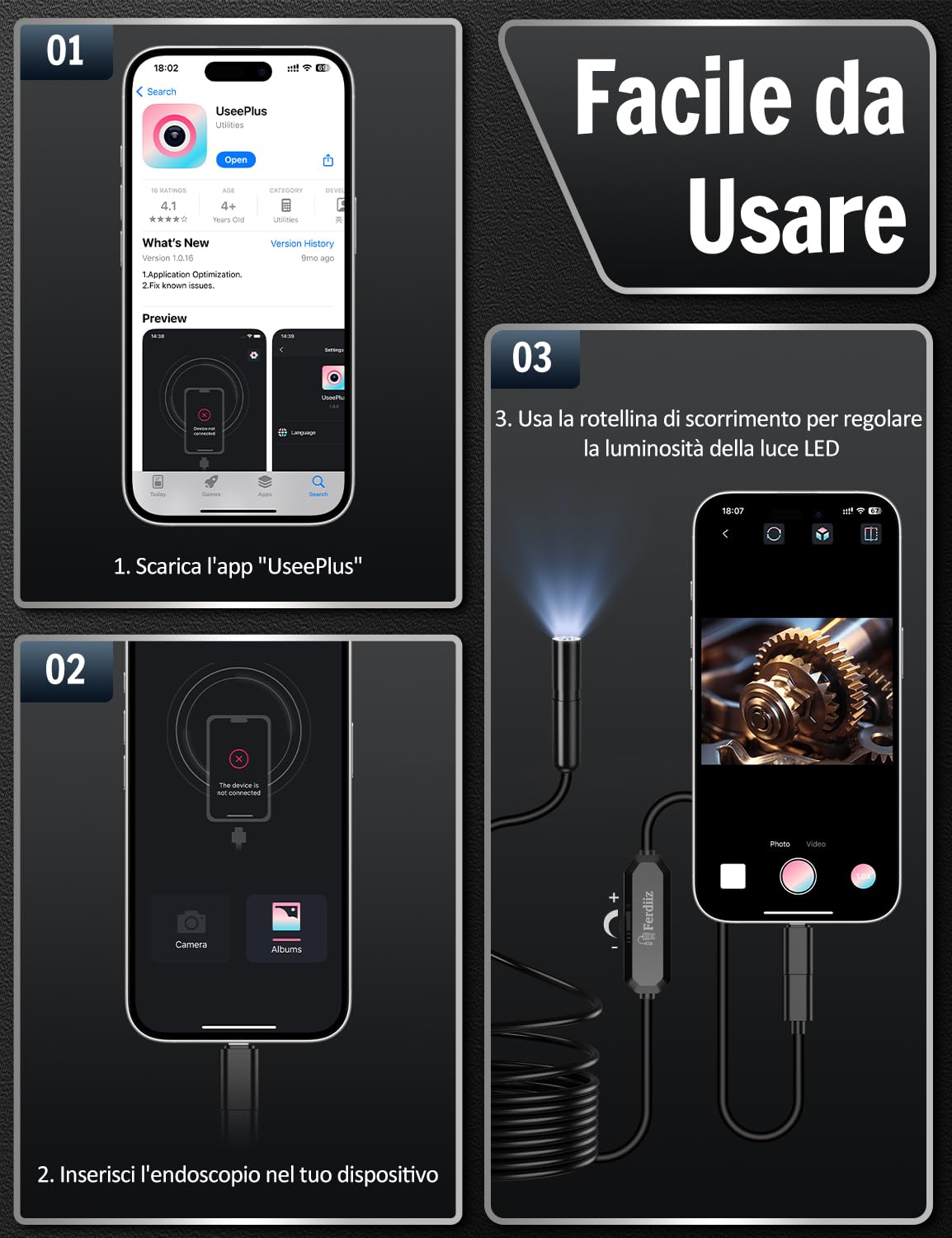 Endoscopio per Smartphone, 1920P HD Sonda Telecamera Endoscopica, Endoscopio con 8 LED, Ispezione Tubi Impermeabile IP67, Telecamera Ispezione Tubi per Android e iOS senza WiFi - 16,4 ft/5 m