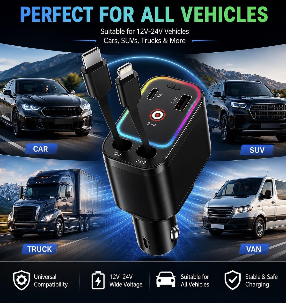 120W Retractable Fast Car Charger with DRL and Starlight (2026 Latest Version) | 4-in-1 Dual Retractable Cables with USB & Type-C Ports | Adjustable 180° Direction — Amazon image 5