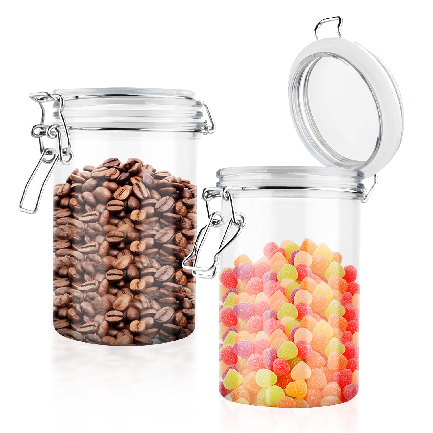 glasstore 2 Pcs 25 Oz/750ml Plastic Sealed Jar Empty Clear Food Storage Container Bottles With Locking Clamp For Sugar Coffee Nuts Spices Cookie And