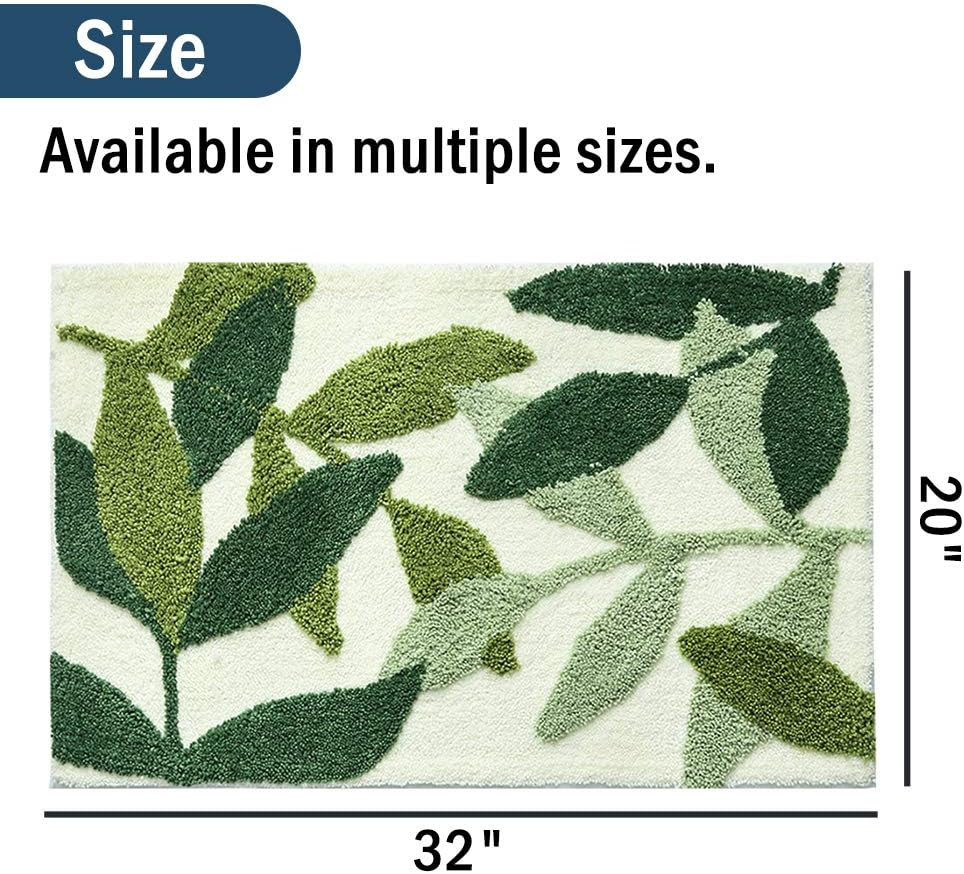 Tiita Indoor Doormat, Front Back Door Mat, Machine Washable Soft Bathroom Floor Mat for Entrance, 32x20 Inch Bathroom Rugs, Green Leaves