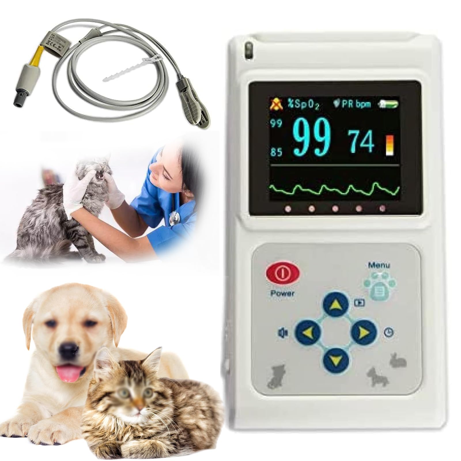 Oxímetro De Pulso Veterinario, Oxímetro De Pulso Veterinario Recargable Monitor De Pulso Veterinario Spo2 Oído/Lengua, Sonda para Mascotas/Animales/Gato/Perro con Software para Pc