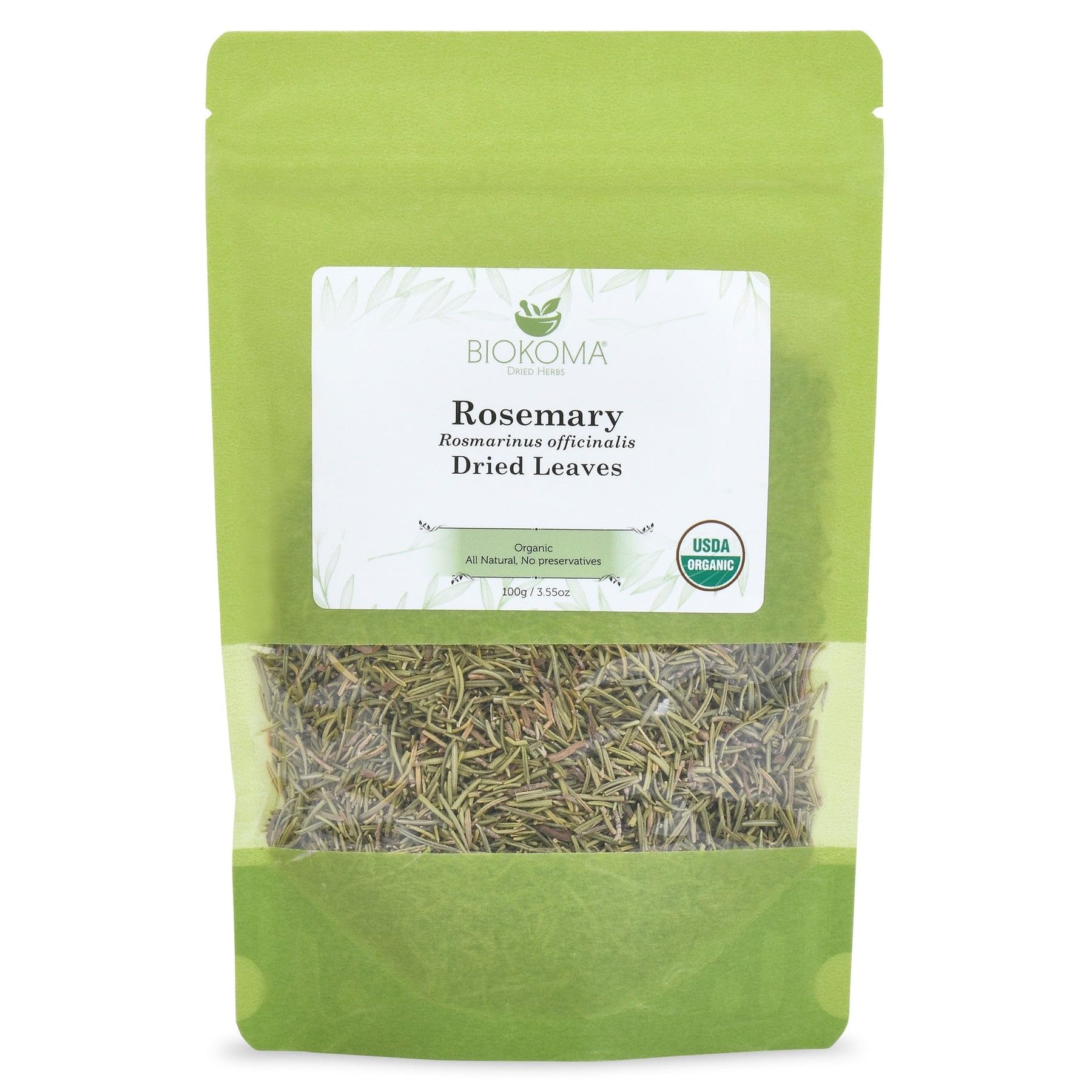 Biokoma Organic Rosemary Dried Leaves 100g (3.55oz) In Resealable Moisture Proof Pouch, USDA Certified Organic - Herbal Tea, No Additives, No Preservatives, No GMO, Kosher