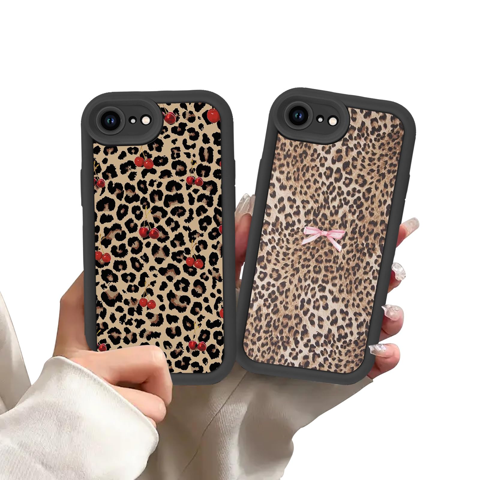 Zrutru 2 Pack Cheetah Print Phone Cases for iPhone 17e/iPhone 16e Case Cherry Bow Leopard,TPU Bumper Shockproof Black Funda for Women Girls Drop