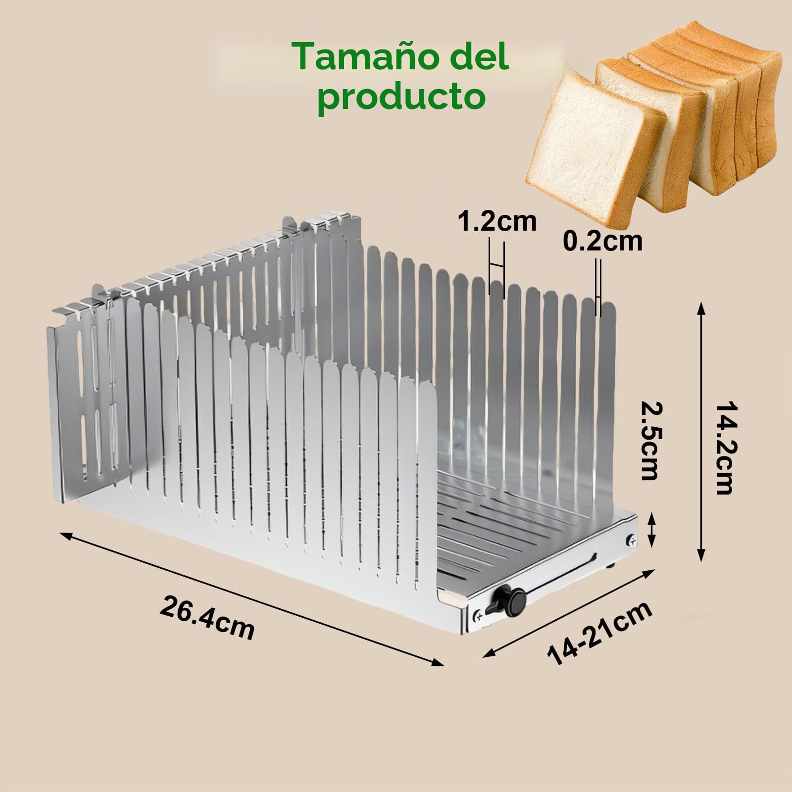 Rebanadora de Pan de Acero Inoxidable, Tabla Cortar Pan con Guía, Ancho Ajustable: de 14 a 21 cm, Grosor: 14 mm, Rebanadora de Pan Plegable para Bagels, Burritos, Tostada y Bizcocho