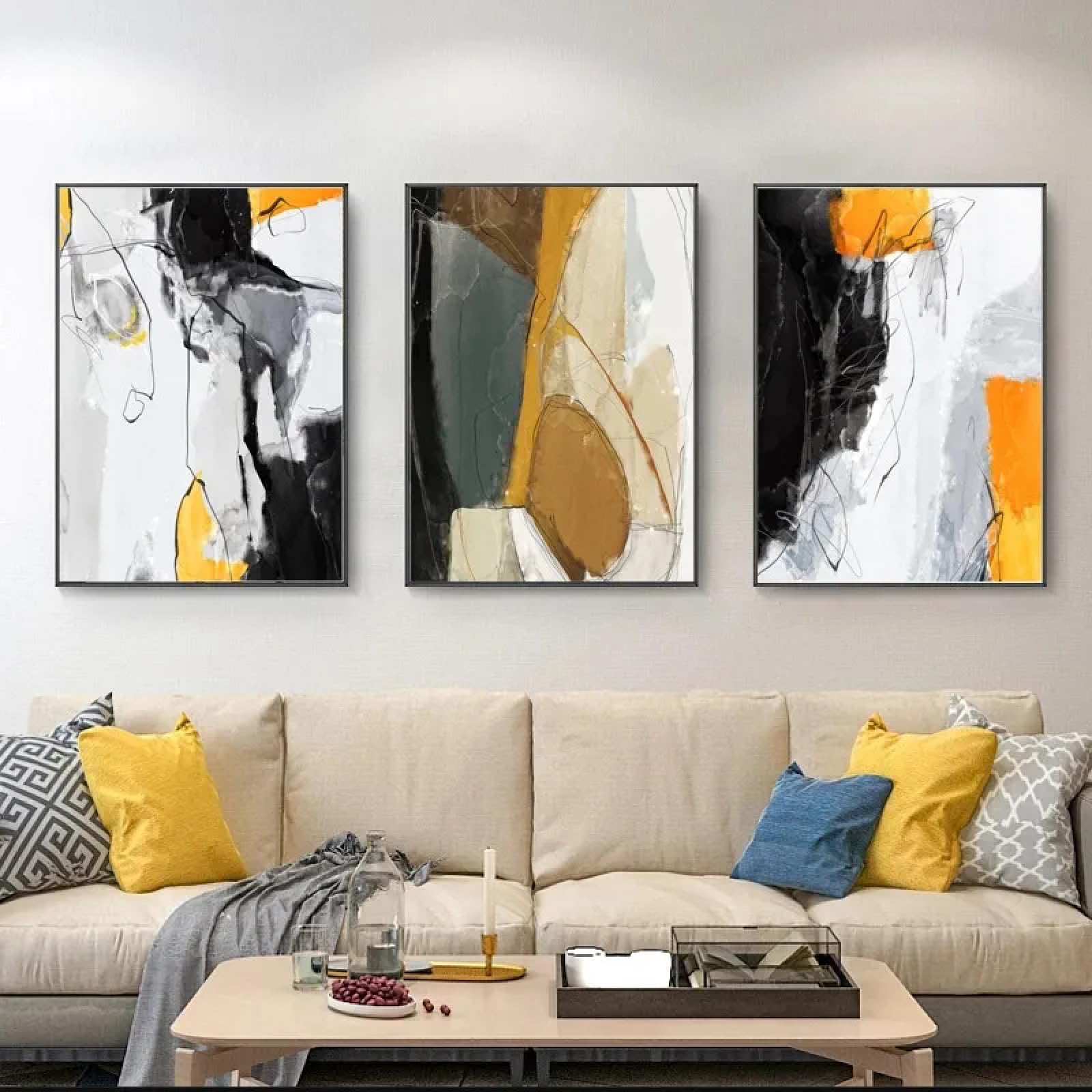 Cuadros abstractos sobre lienzo de alta calidad, tríptico en negro y amarillo con marco negro