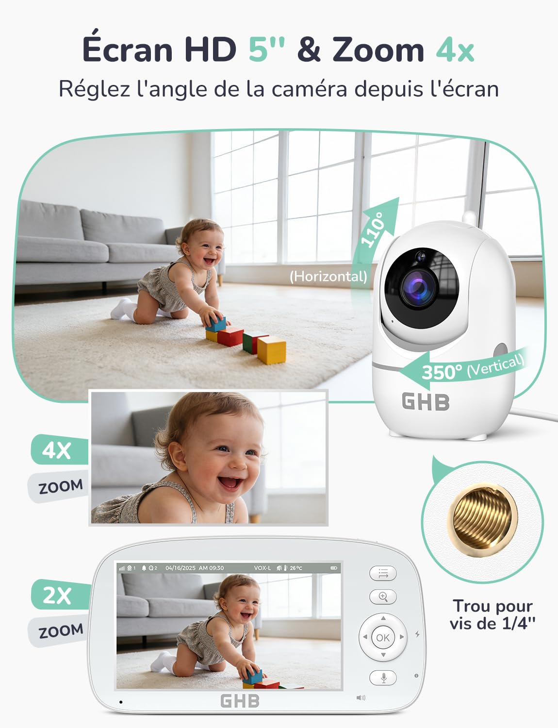 GHB Babyphone Camera Bebe Surveillance Rotation de 350°/110° Baby Phone Écran de 5" 2,4 GHz VOX Mode Capteur de Température Communication Bidirectionnelle 5 Berceuses Vision Nocturne sans WiFi