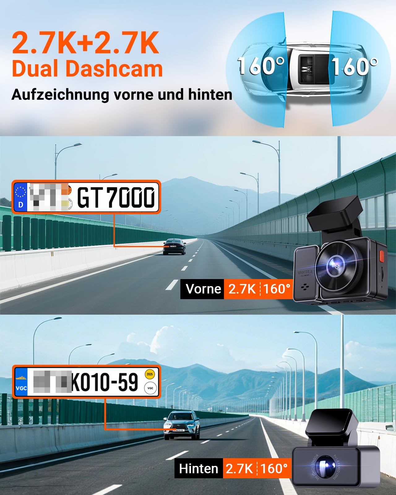 VANTRUE E2 2.7K+2.7K Dashcam Auto vorne hinten 5GHz WiFi 9MB/S GPS, Fernbedienung Sprachbefehle Dash cam Dual 1944P/1440P WDR Nachtsicht Puffer Parkmodus Auto Kamera, 2.45’’ 320° G Sensor, max. 512GB