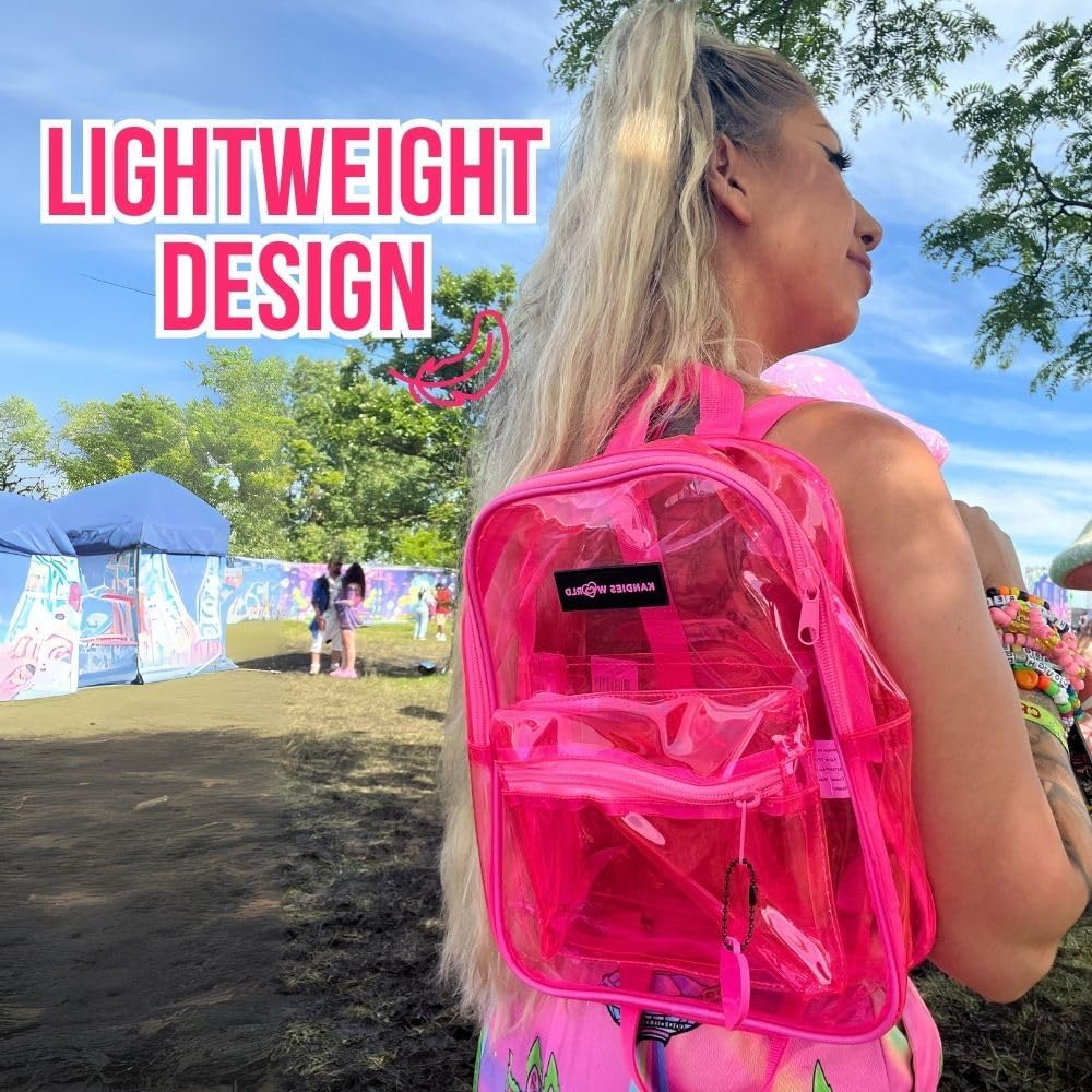 Kandies World Premium Clear Festival Backpack – Stylish Transparent Bag – Stadium Approved – Lightweight & Durable – 12”x10.5” (Pink)