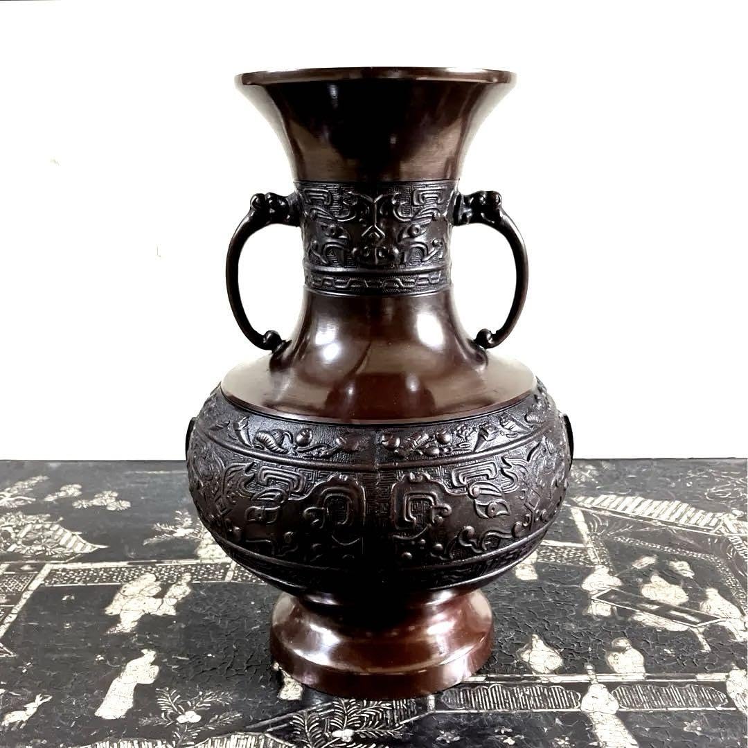 レトロ☆古代銅器型ブロンズ製花瓶☆鋳銅製陽刻文耳付瓶2.4kg 24cm 
