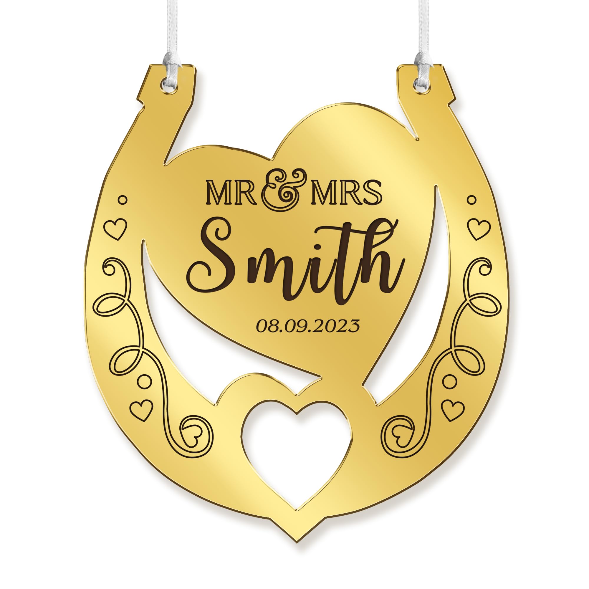 Personalised Wedding Horseshoes Horse Shoe Wedding Gift for Bride Mirrored Acrylic Horseshoe Mr & Mrs Wedding Bridal Good Luck Horseshoe Gift Engagement New Couple Gift(Gold Design 2)