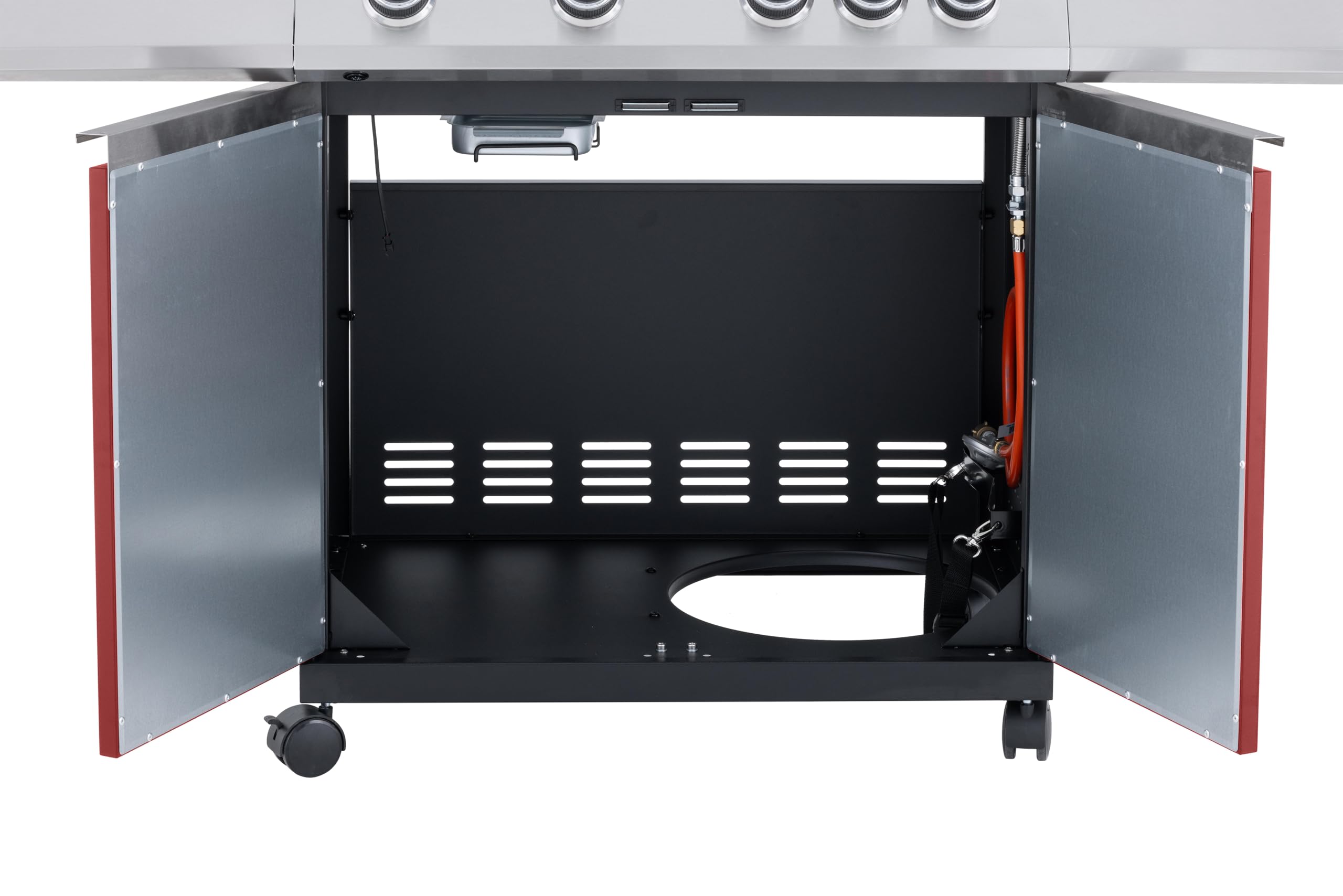 Tarrington House Barbecue a Gas Paxton, Acciaio/Acciaio Inox, 4 Bruciatori + 1 Fornello, Tavolino Laterale, Termometro, 4 Ruote, Rosso