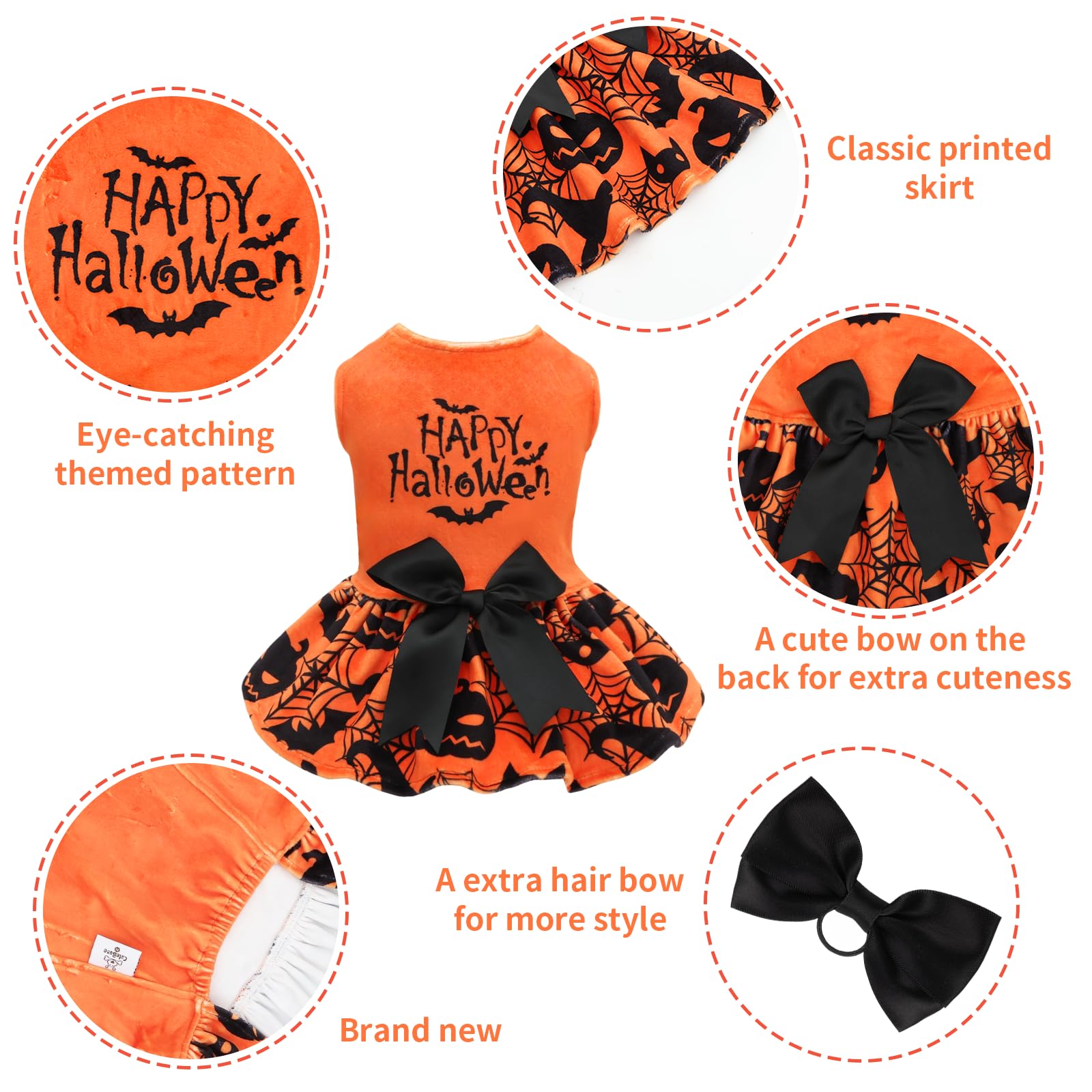 CuteBone CVA57XXS-D Robes d'Halloween en velours pour petits chiens, vêtements pour animaux de compagnie, jupe avec nœud et corde à poils