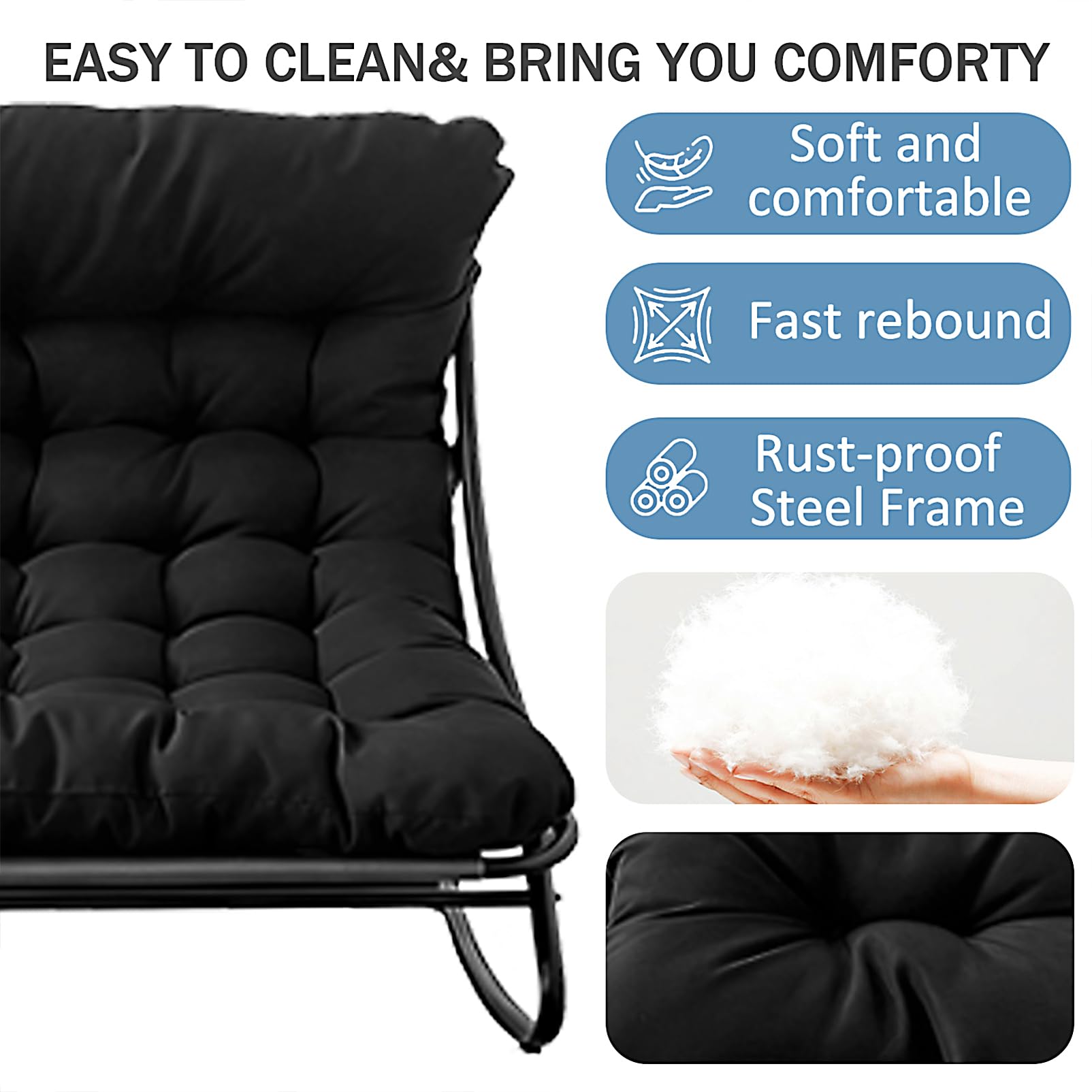 Fauteuil à Bascule Œuf avec Repose-Pieds - Charge 150kg Chaise a Bascule Surdimensionnée, Rocking Chair Coussin Confortable Utilisation Intérieur/Extérieur pour Salon, Jardin, Balcon (Noir)