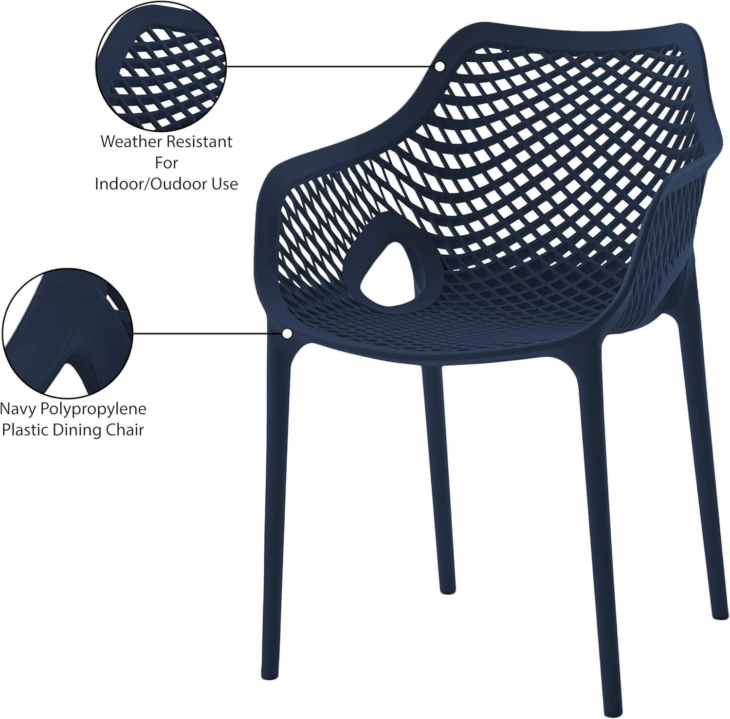 Meridian Furniture 329Navy Mykonos Collection Modern | Contemporary Outdoor Patio Dining Chair with Navy Polypropylene Plastic, Weather Resisting, 22.5" W x 24.5" D x 31.5" H, Navy, Set of 4