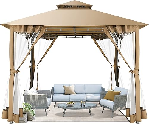 COBIZI Gazebos de 10 x 10 pies para patios, tienda de campaña al aire libre, carpa de patio trasero con mosquitera y techo doble para fiestas,
