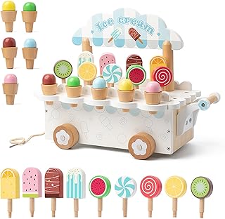 JurciCat Ice Cream Parlor Children's Wooden Role Play Kitchen Accessories with Storage Ice Wooden Toy for Children from 3 Years Learning Toy Christmas Party Birthday Gifts (White