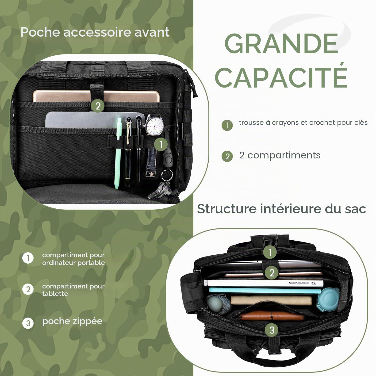 BAGZY Sacoche Homme Bandouliere Tactique Malette de Travail Homme Sac à Main Militaire Sac de Survie Sacs de Randonnée Sacs Business Oxford Attache Case Homme MOLLE Sacoche Ordinateur 17 Pouces