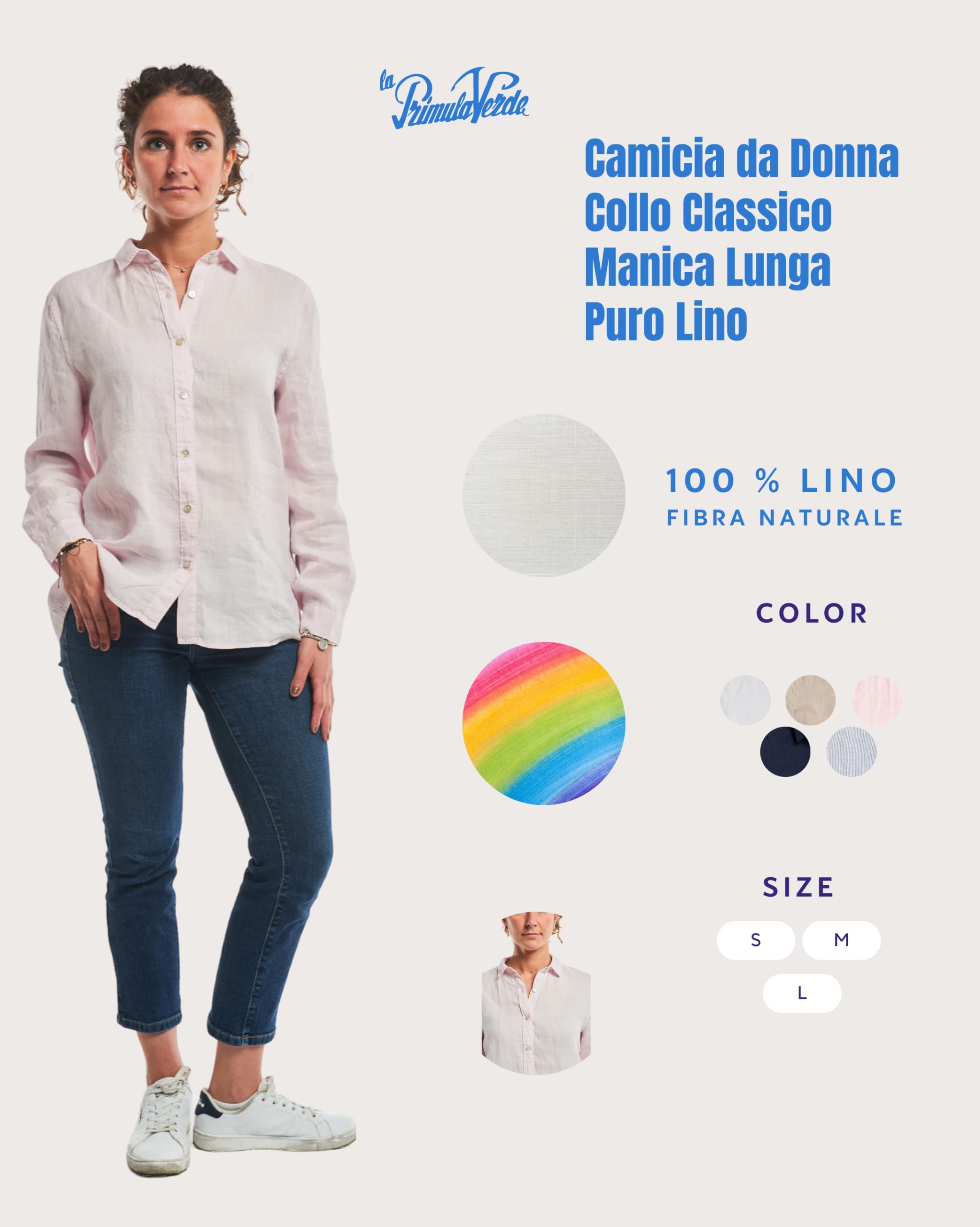 Camicia da Donna in Puro Lino, Elegante Bottoni Davanti, Collo Classico, dalla S alla XXL, in Cinque Fantasie o Tinta Unita, Bianca, Beige, Rosa, Blu, A Righe