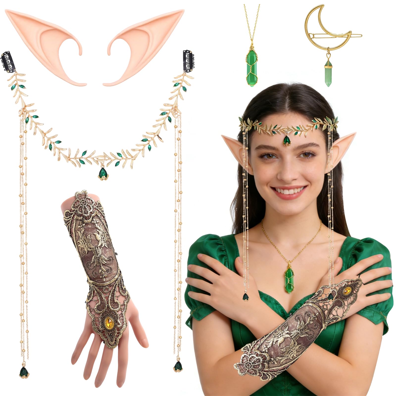 Fairy Elf Dress Up, Ensemble de Costumes pour femmes - Couronne de Fée, Gants en Dentelle, Oreilles d’Elfe, Collier en Cristal et épingle à Cheveux, pour Mariages, Jeux de Rôle, Halloween