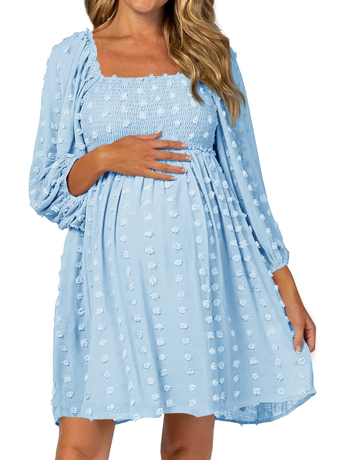 Women's Long Sleeve Maternity Dress Square Neck Swiss Dot Casual Loose Short Dresses