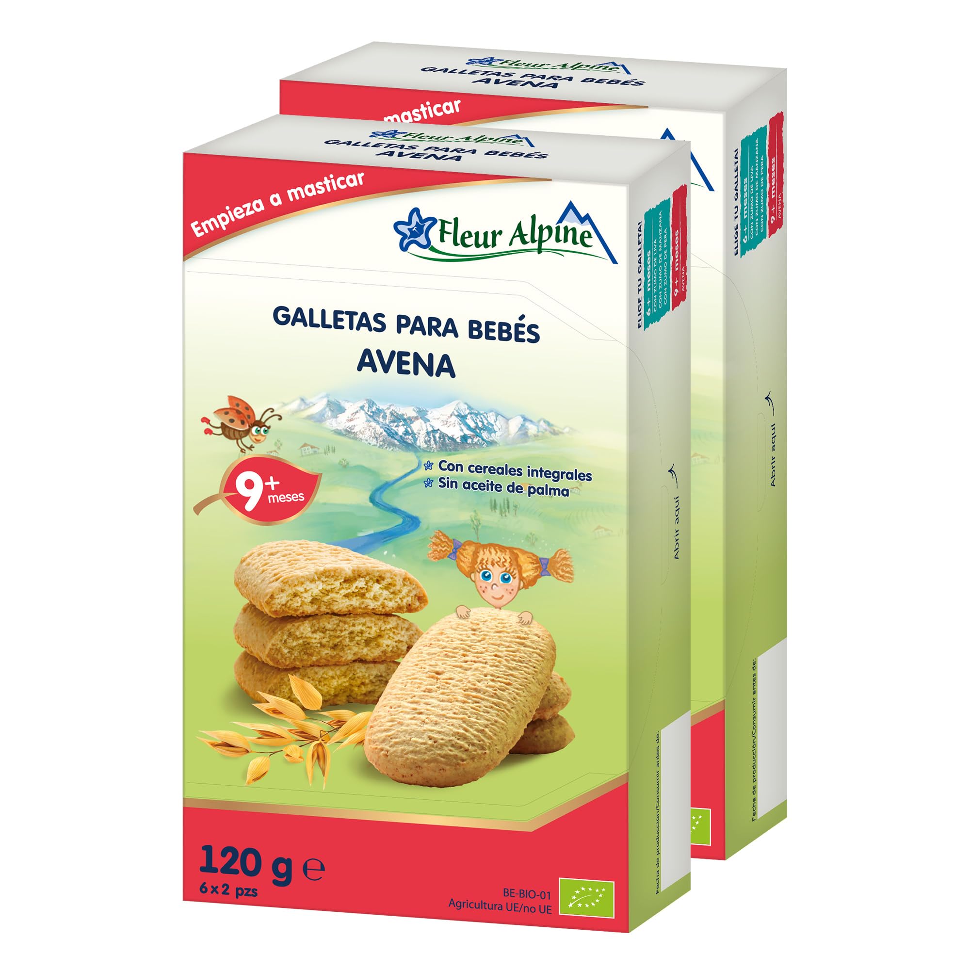 FLEUR ALPINE Baby Galletas para Gachas de Desayuno Suaves o Refrigerio Diurno | 12x2 Bocadillos de Avena Orgánica | Galletas Nutritivas y Fáciles de Comer Integrales | 9 Meses