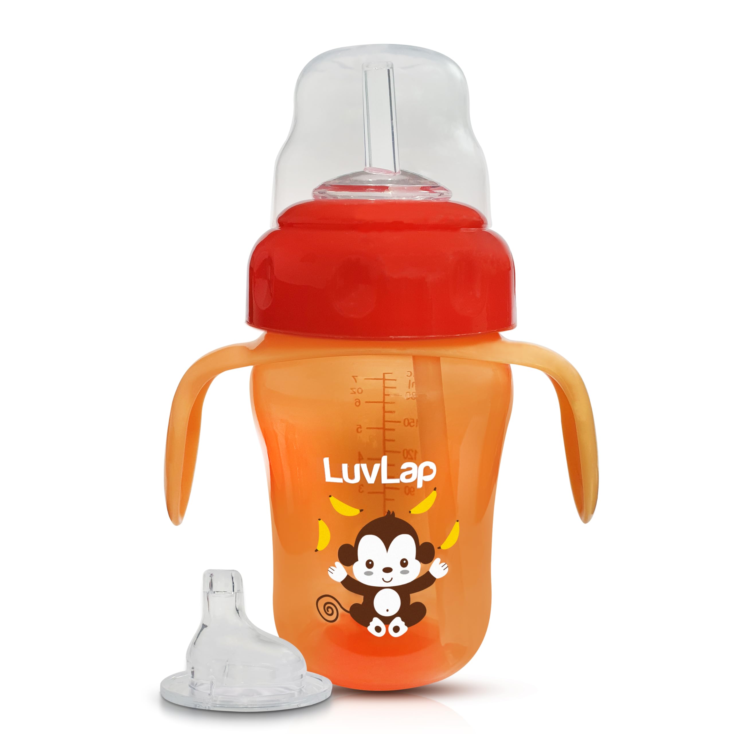 LuvLap Banana Time 210ml Anti Spill, Interchangeable Sipper / Sippy Cup with Soft Silicone Spout and Straw BPA Free, 6m+ (Orange)