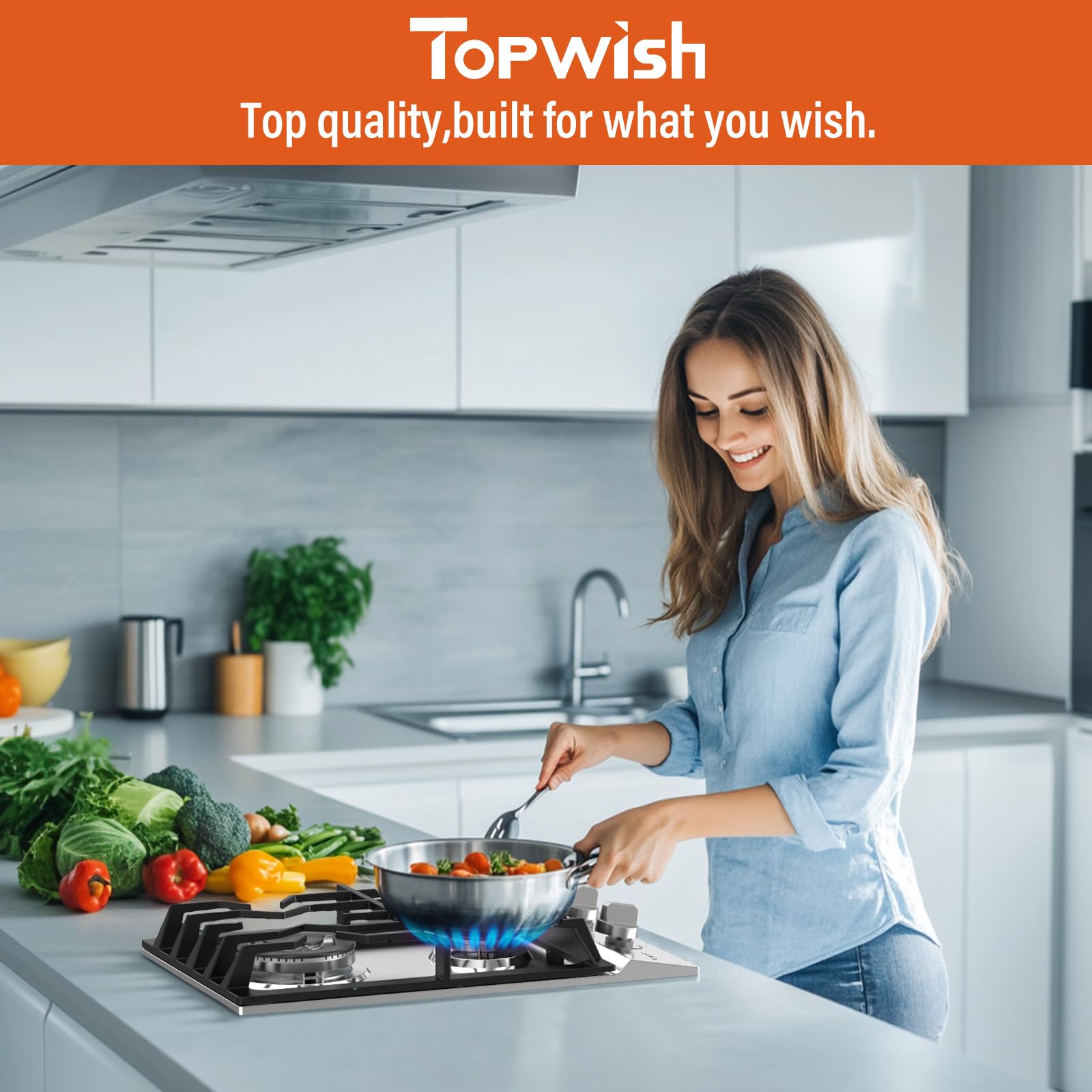 TOPWISH 12 Inch Gas Cooktop, 2 Burner Gas Stove Built-in Propane Stove Top with LPG/NG Convertible Dual Fuel Hob 18000BTU, Stainless Steel Stovetop Thermocouple Protect for Kitchen, Apartments, Rvs — view 7