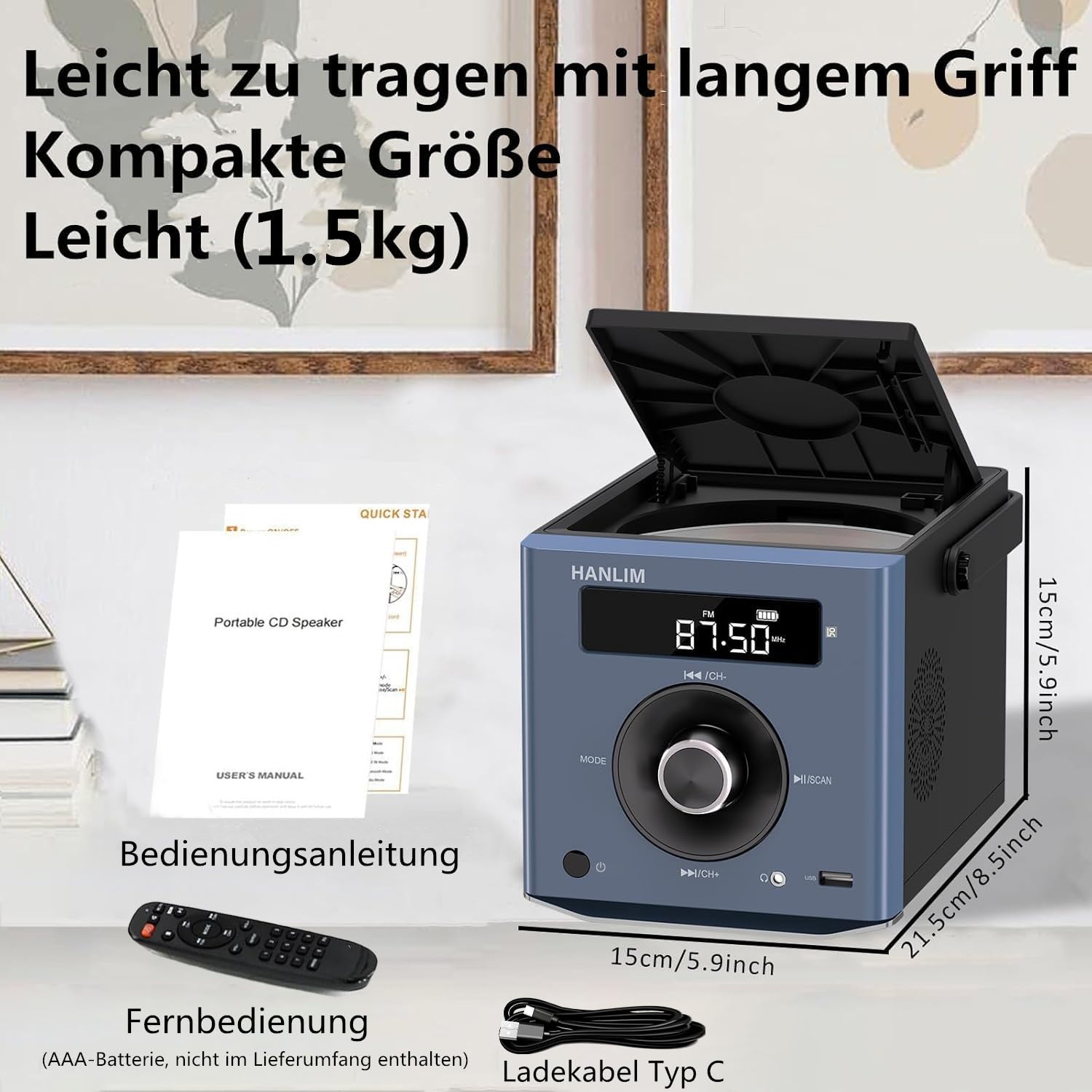 Reproductor de CD portátil 10W compatible con Bluetooth/Radio FM/Reproducción de MP3/Entrada USB/AUX/Jack para auriculares/Mando a distancia, batería integrada de 2000 mAh, Reproductor de CD estéreo