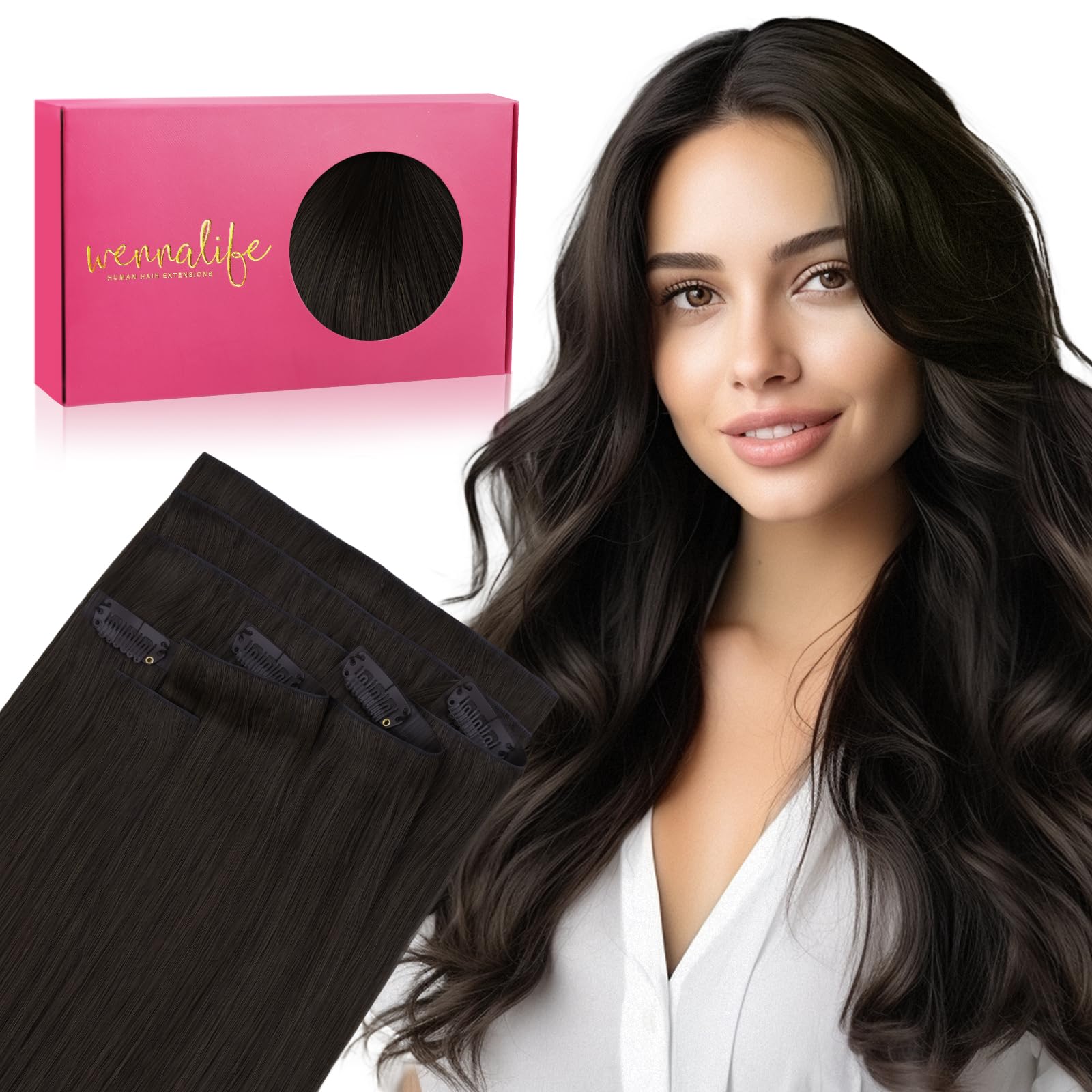 WENNALIFE Invisi Edge Clip in Hair Extensions Real Human Hair, 12 Inch 80g 7pcs Dark Brown Invisible PU Skin Weft Straight Extensiones De Cabello