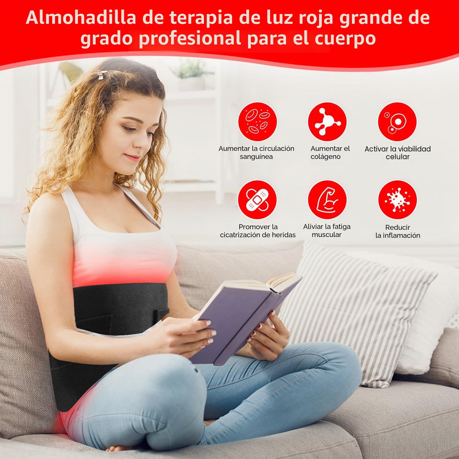 Almohadilla de terapia de luz roja 31.5x11.8 pulgadas, tapete grande 660 nm y 850 nm, dispositivo envolvente para hombros, cintura y todo el cuerpo