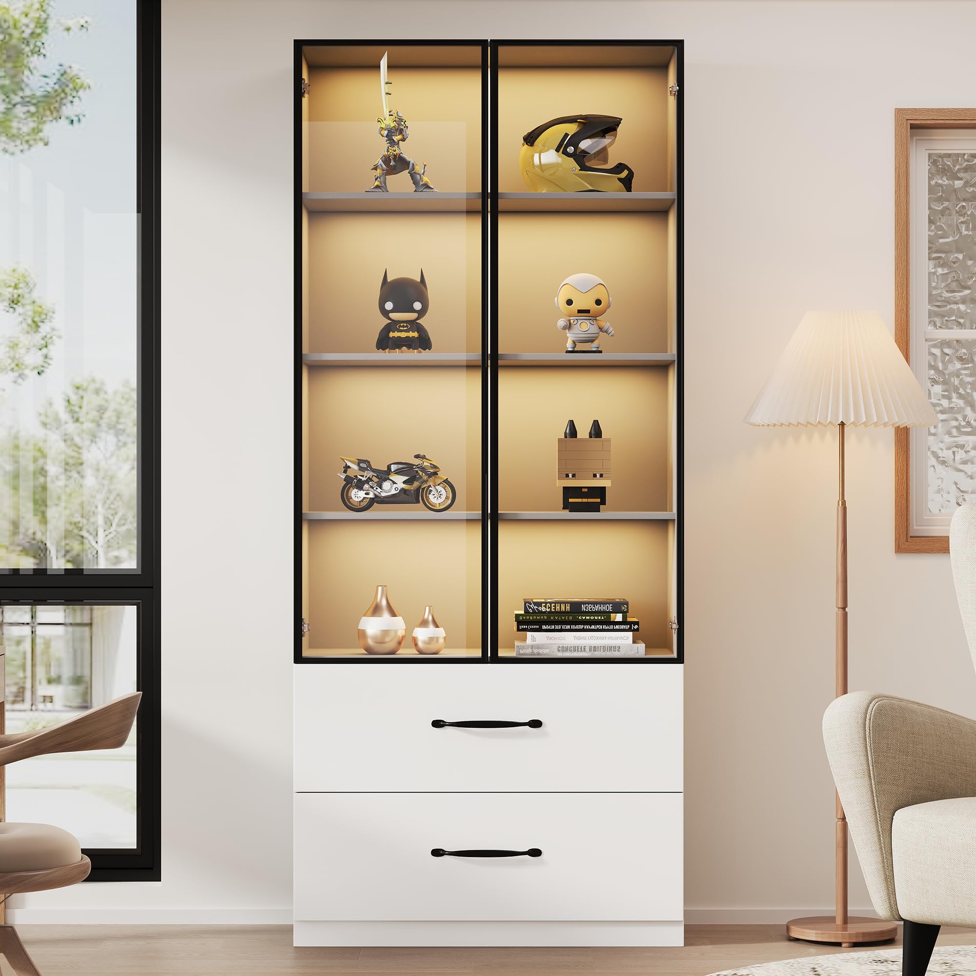 Vitrina de 60 × 40 × 160 cm, vitrina de cristal blanco, estantería y armario multifunción con cajones, con marco de aluminio, puertas de vidrio templado y bisagras de cierre suave
