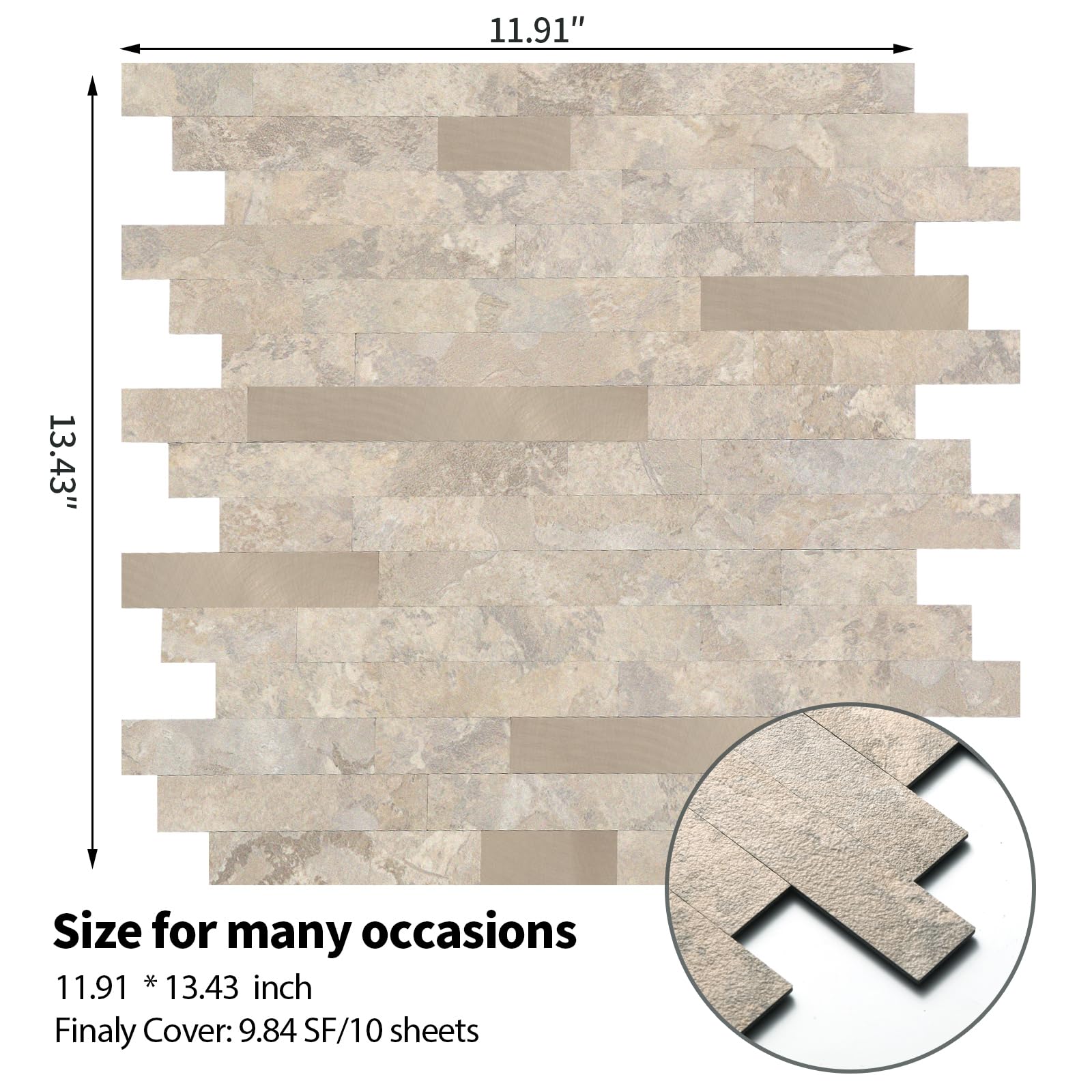 Yipscazo Piastrelle in legno e metallo, autoadesive, per paraschizzi cucina, bagno, lavanderia, camper, camino (30,5 x 30,5 cm, 10 fogli in rocce beige di pietra)