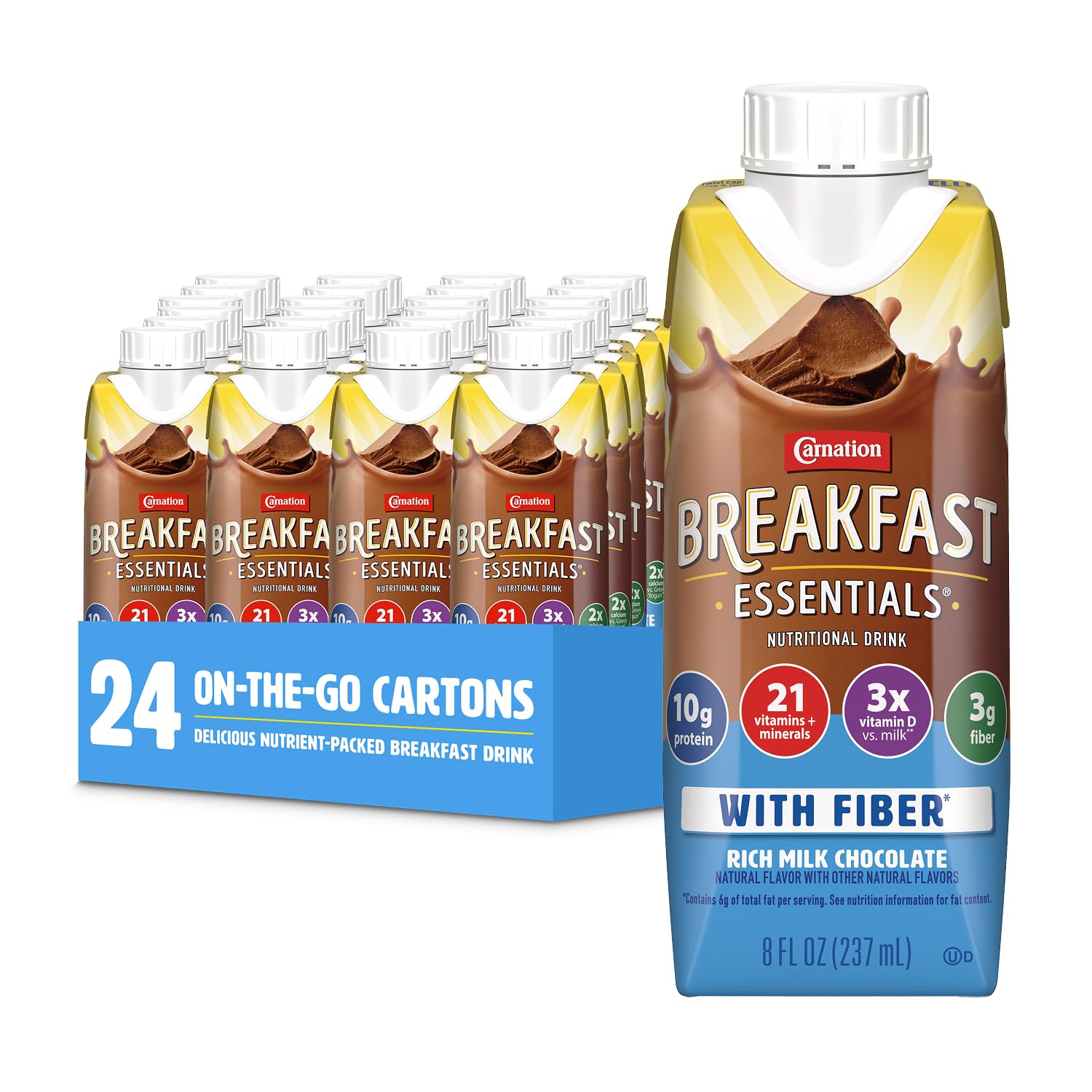 Carnation Breakfast Essentials Ready to Drink with Fiber, Rich Milk Chocolate, 8 FL OZ Carton (Pack of 24)Rainforest AllianceRainforest AllianceRainforest AllianceRainforest Alliance