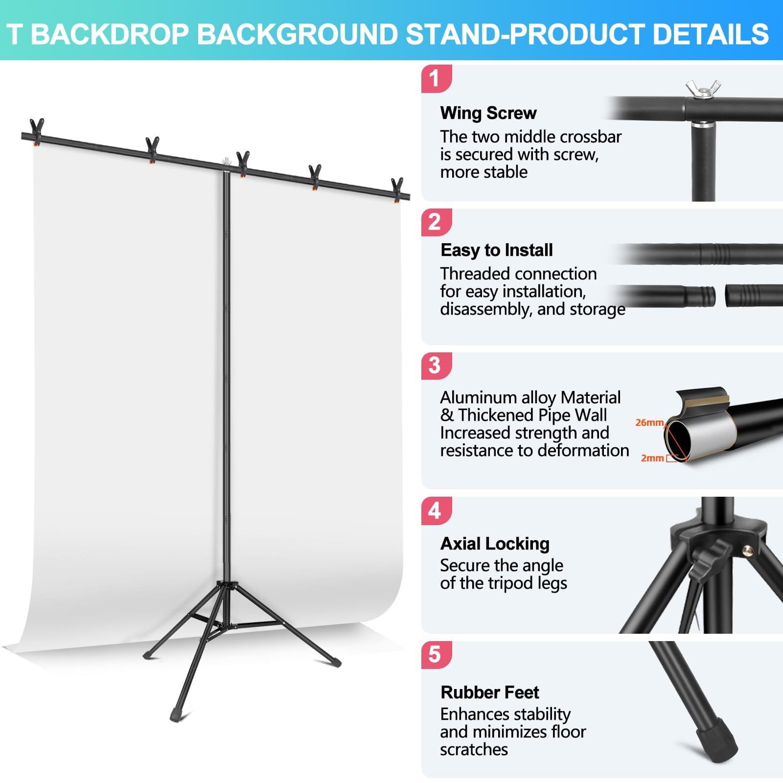 Sfondo bianco con supporto per servizi fotografici, 5 x 6,1,5 m, sfondo bianco a forma di T, supporto per fotografia, kit portatile con borsa per il trasporto, 5 morsetti a molla