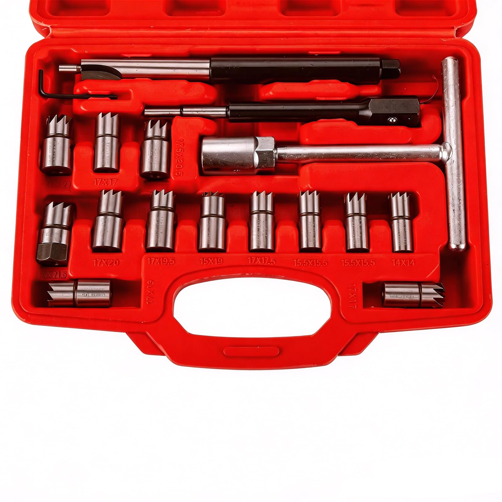 BOOMSTART Lot de 17 coupe-sièges d'injecteur diesel, outil de coupe universel pour siège d'injecteur, 14-21,5 mm, kit de nettoyage professionnel pour injecteurs de carburant (rouge)