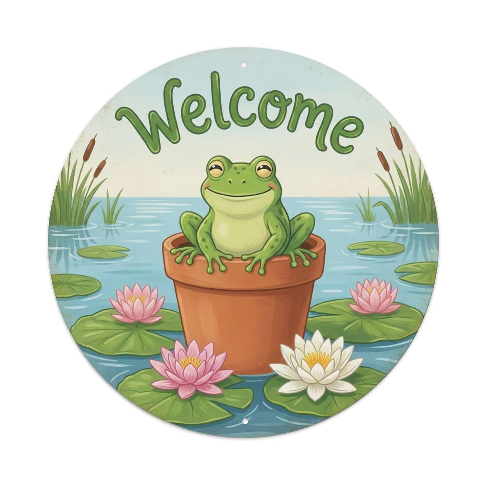 Welcome Frog Lily Pad Pond Metal Tin Sign