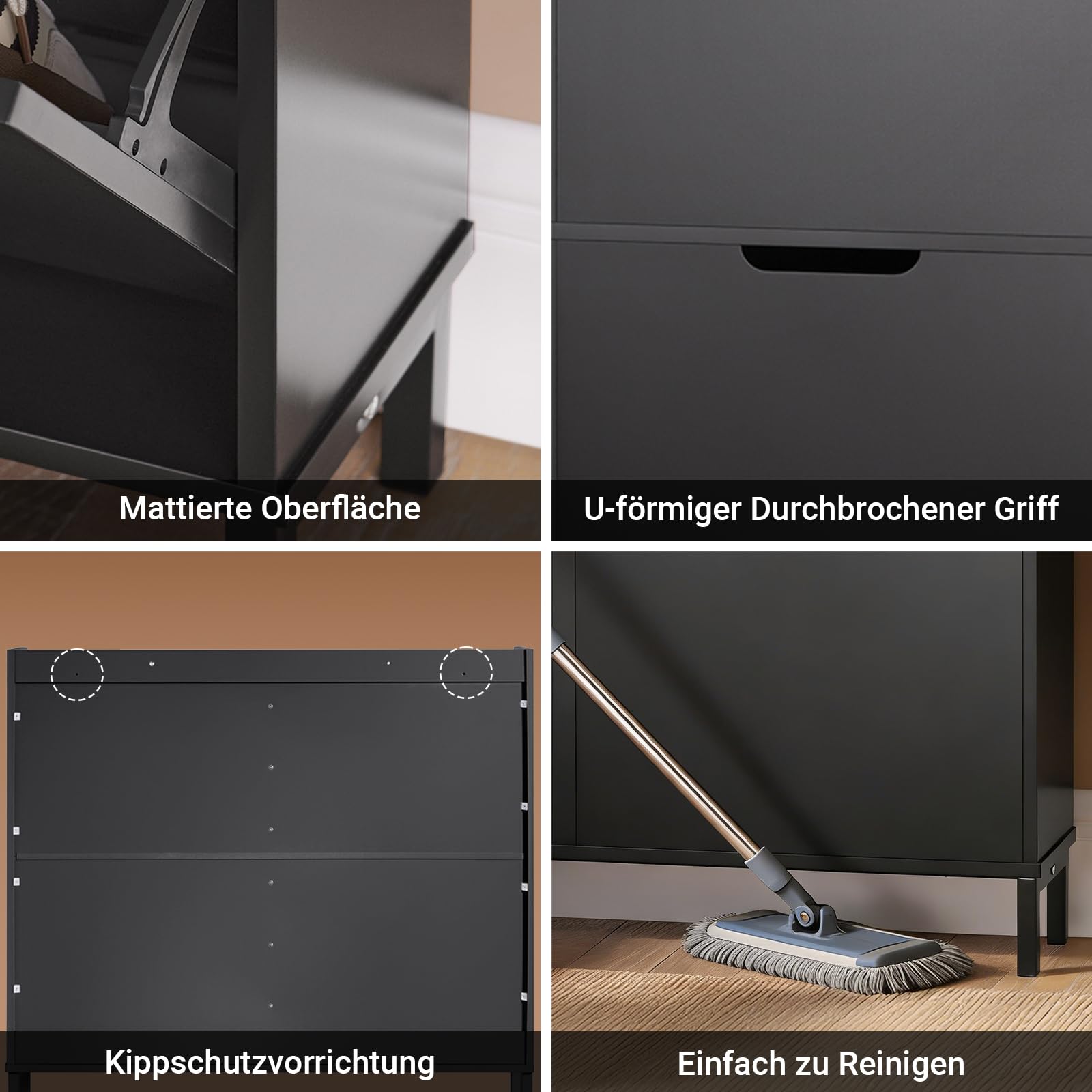 SoBuy Schuhschrank Schmal mit 4 Klappen - Platzsparender Schuhkipper für Kleine Wohnungen, Enge Flure & Durchgänge, Flurschrank für Familien mit Kindern, Designliebhaber 100x91x19cm Schwarz FSR100-SCH